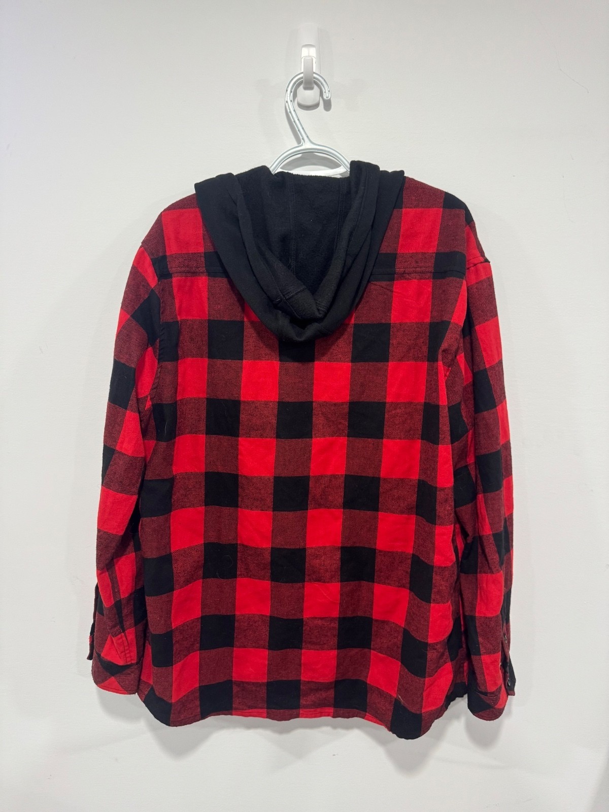 Men’s Red and Black Plaid Hooded Flannel Button Down