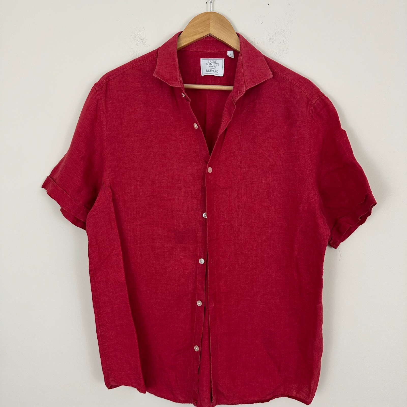 Murano Baird Mcnutt Linen Cutaway Shirt Red Short Sleeve Button Up Mens L Read