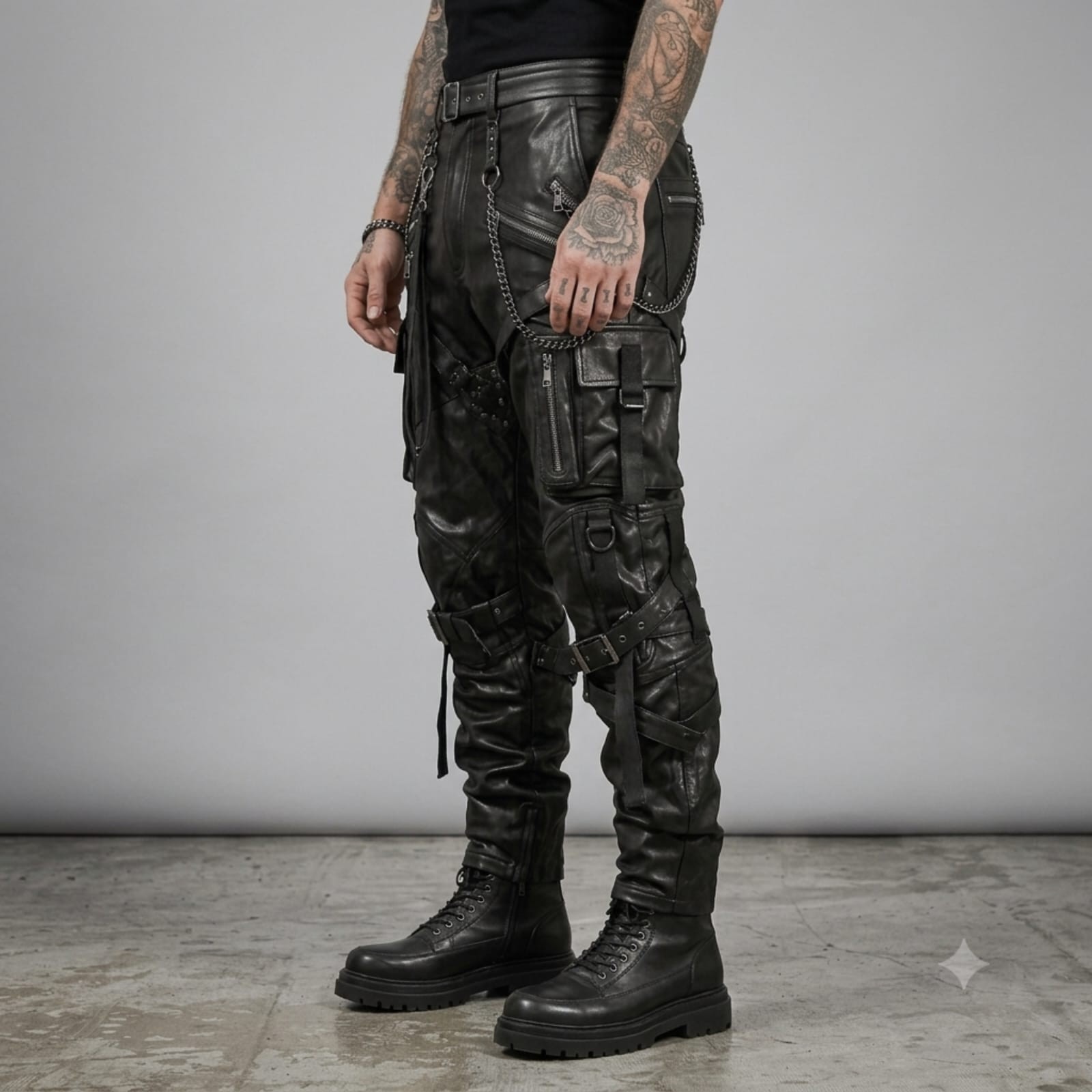 Mens Black Leather Cargo Pants Inspired Gothic Tactical Biker Straps Trousers