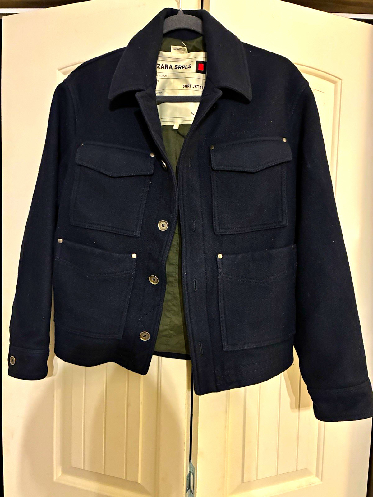 ZARA SRPLS Navy Wool Short Jacket, Button Front, Lined Pockets, S