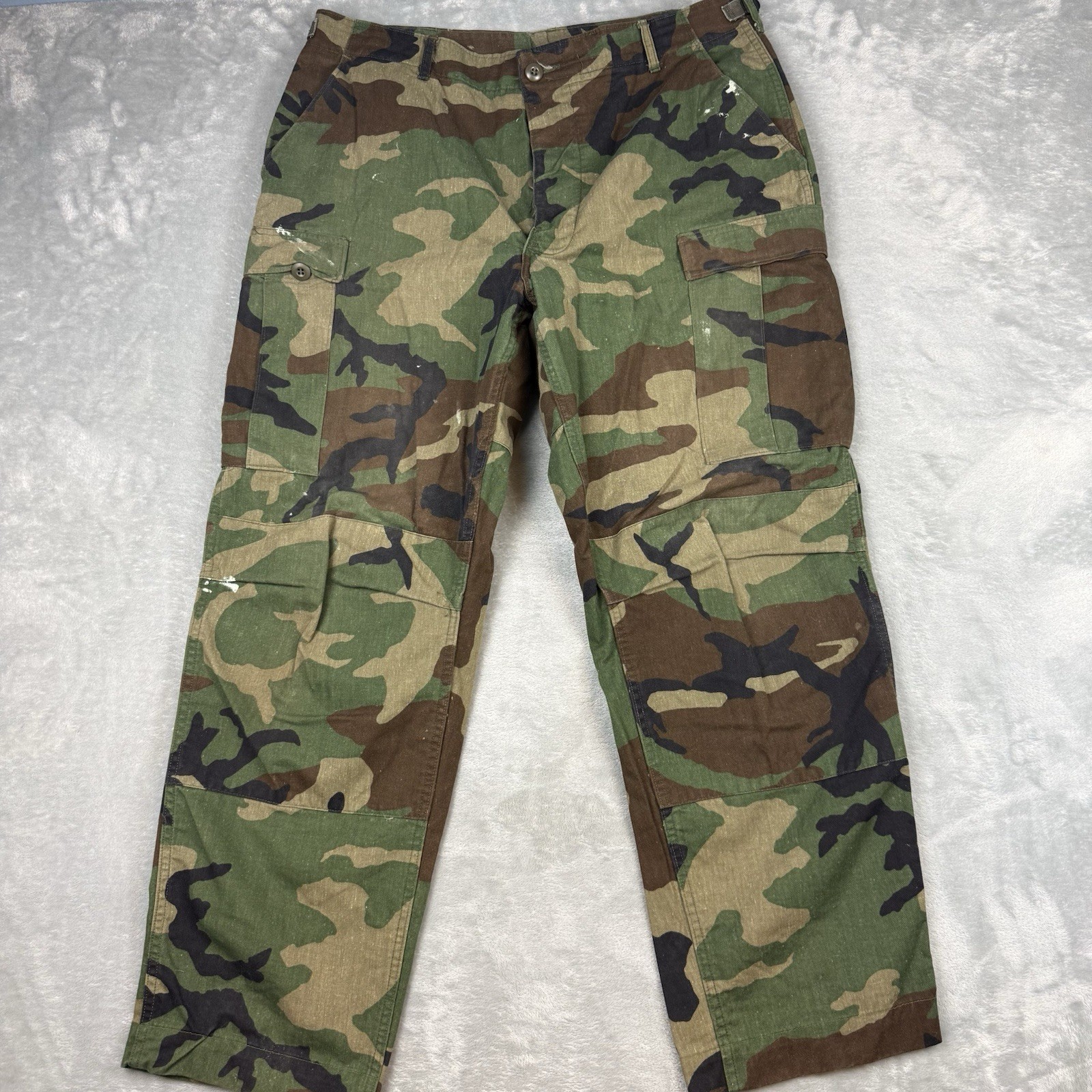US Military Woodland Camo BDU Cargo Pants Large Long Ripstop Combat Distressed