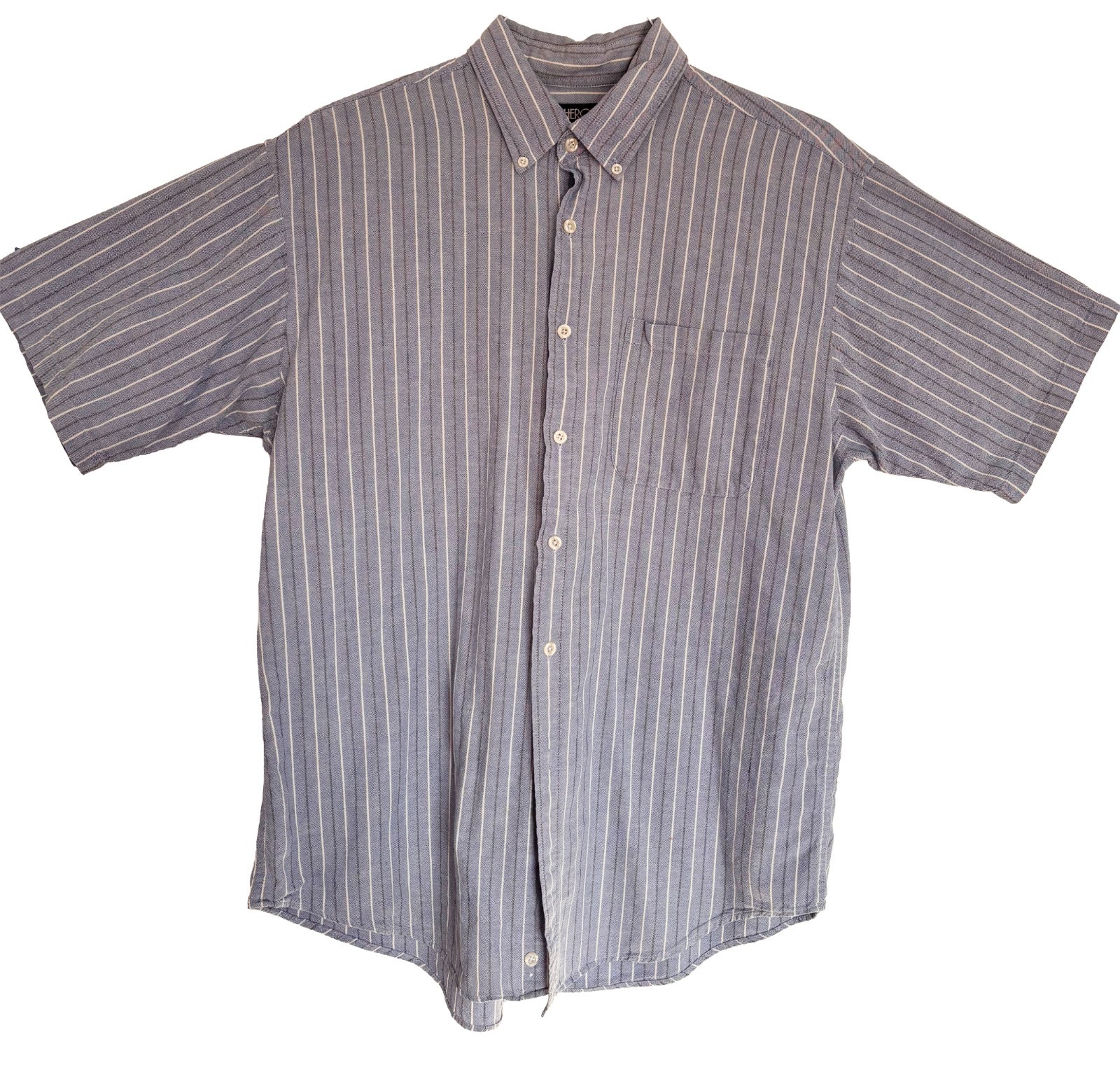 Cherokee Men’s Large Blue White Striped Button Front Shirt Cotton Short Sleeve