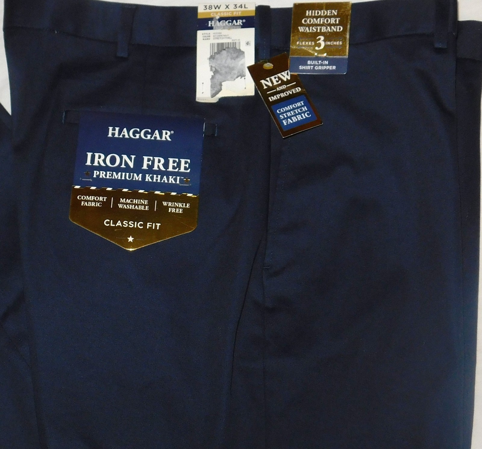 HAGGAR Iron Free Premium Khaki Pants Classic Fit Hidden Comfort Waist Navy