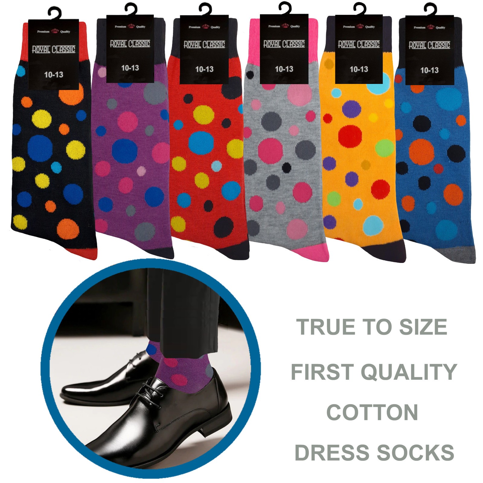 Cotton Dress Socks First Quality TRUE TO SIZE 10-13 Multicolor Polka Novelty