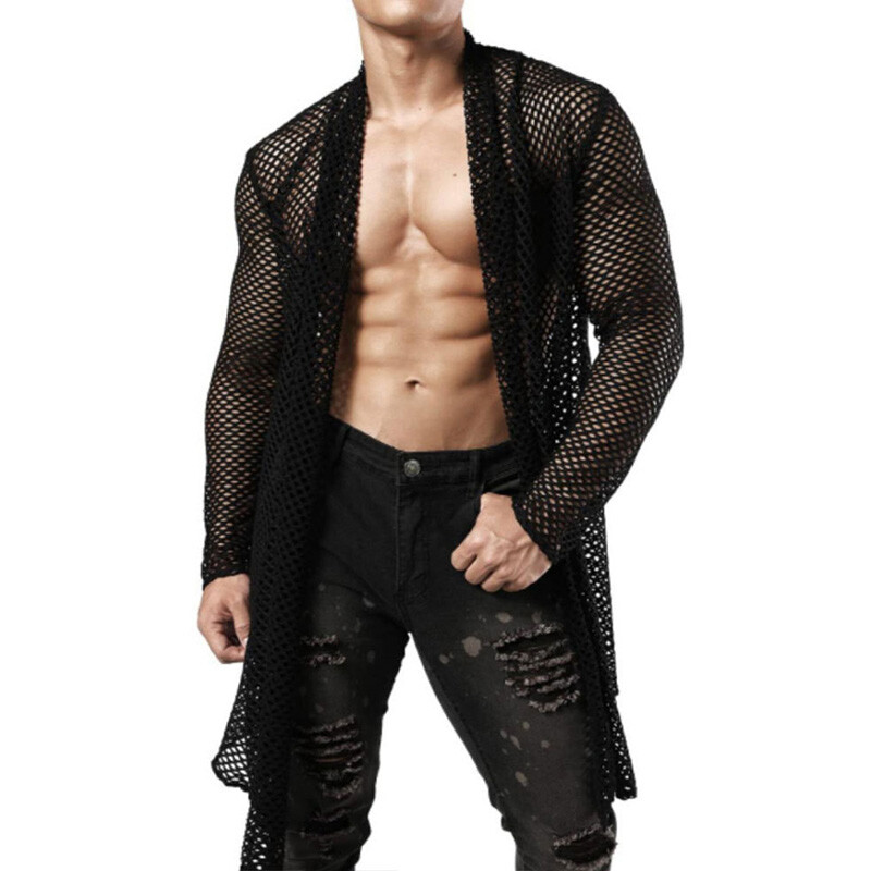 Men Mesh See-Through Gown Robe Fishnet Tops Shirt Long Sleeve Casual Party Solid