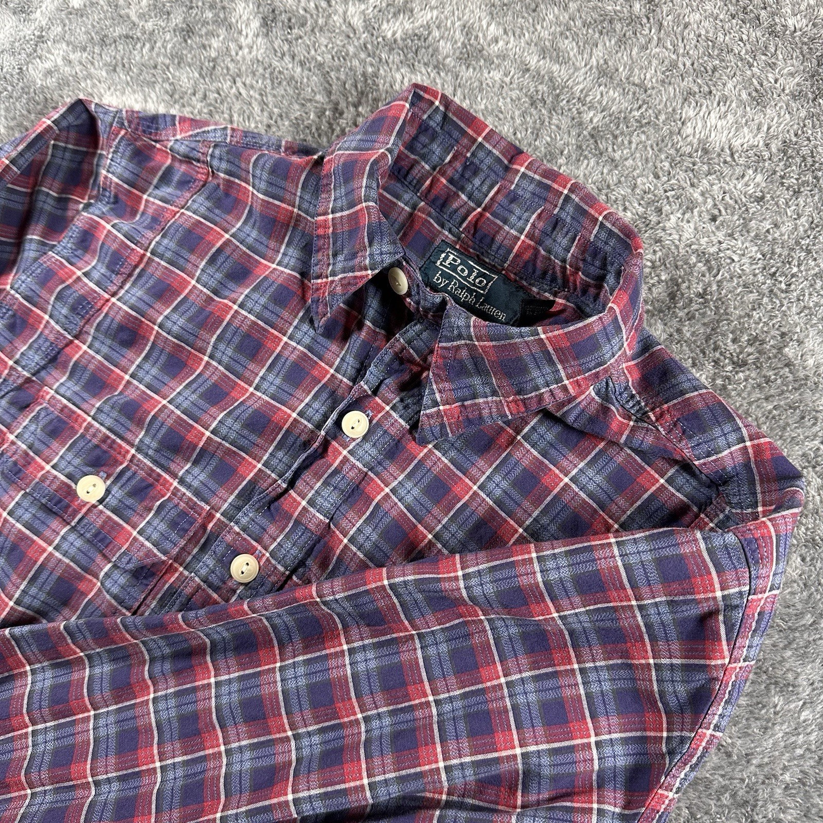 Vintage Polo Ralph Lauren Shirt Mens Small Red Naval Chinstrap Sailor Plaid