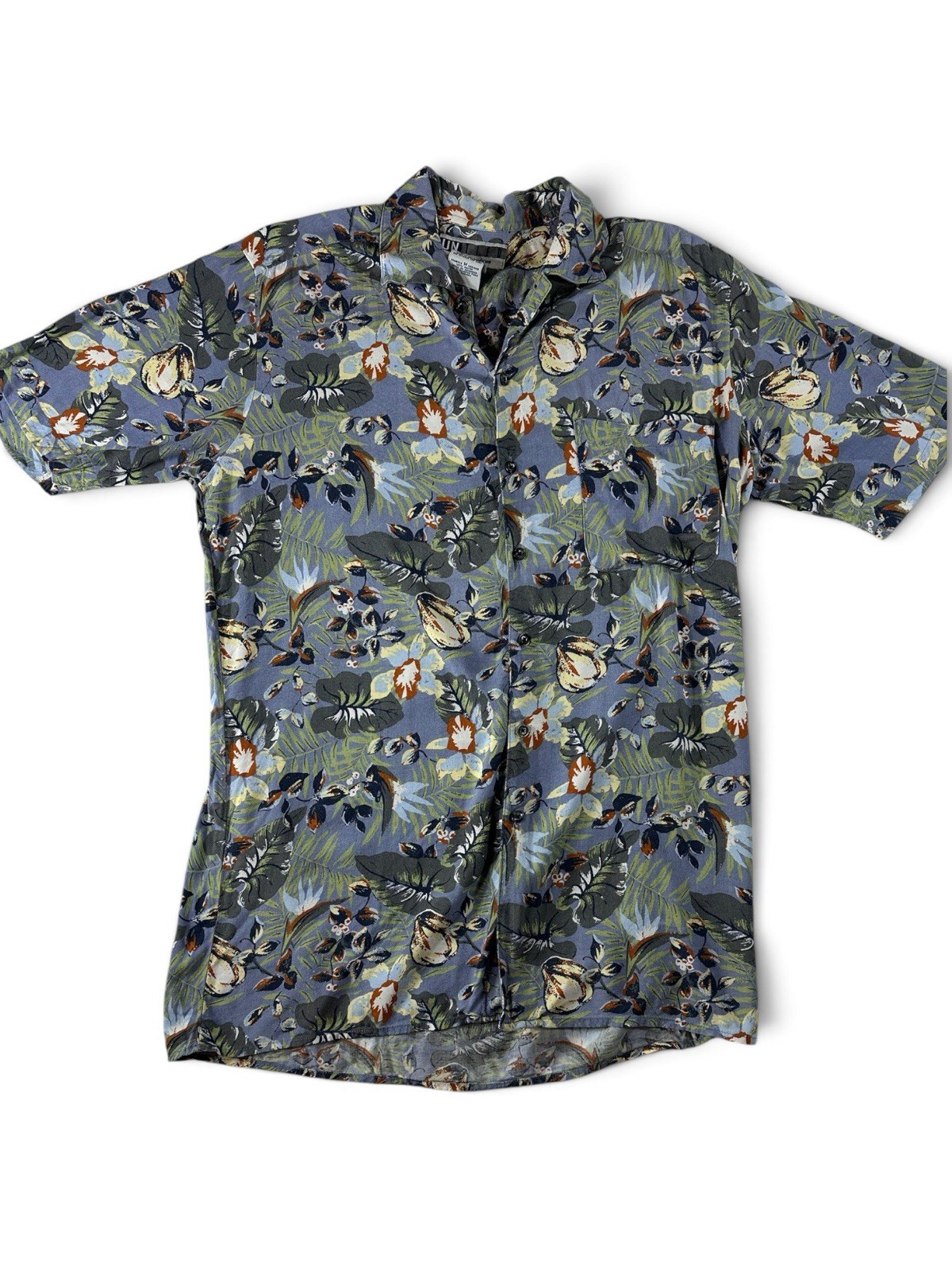 UNTIED Men’s M Blue Rayon Woven Short Sleeve Floral Hawaiian Button-Up Pocket