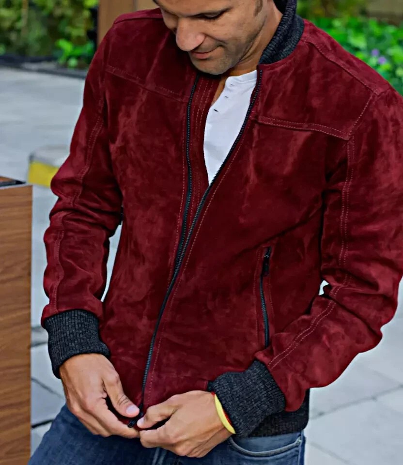 Designer Men’s Modern Real Genuine Lambskin Suede Ribbed Bomber Jacket Burgundy