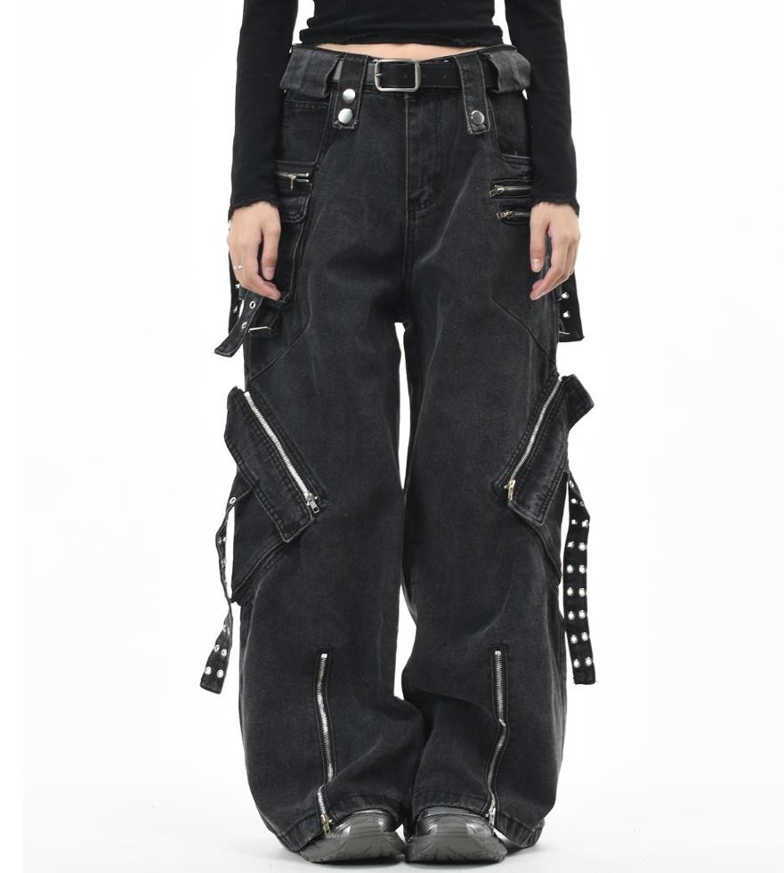 Men’s Black Denim Cotton Straight Jeans Punk Pants Strap Pockets Zipper Trousers