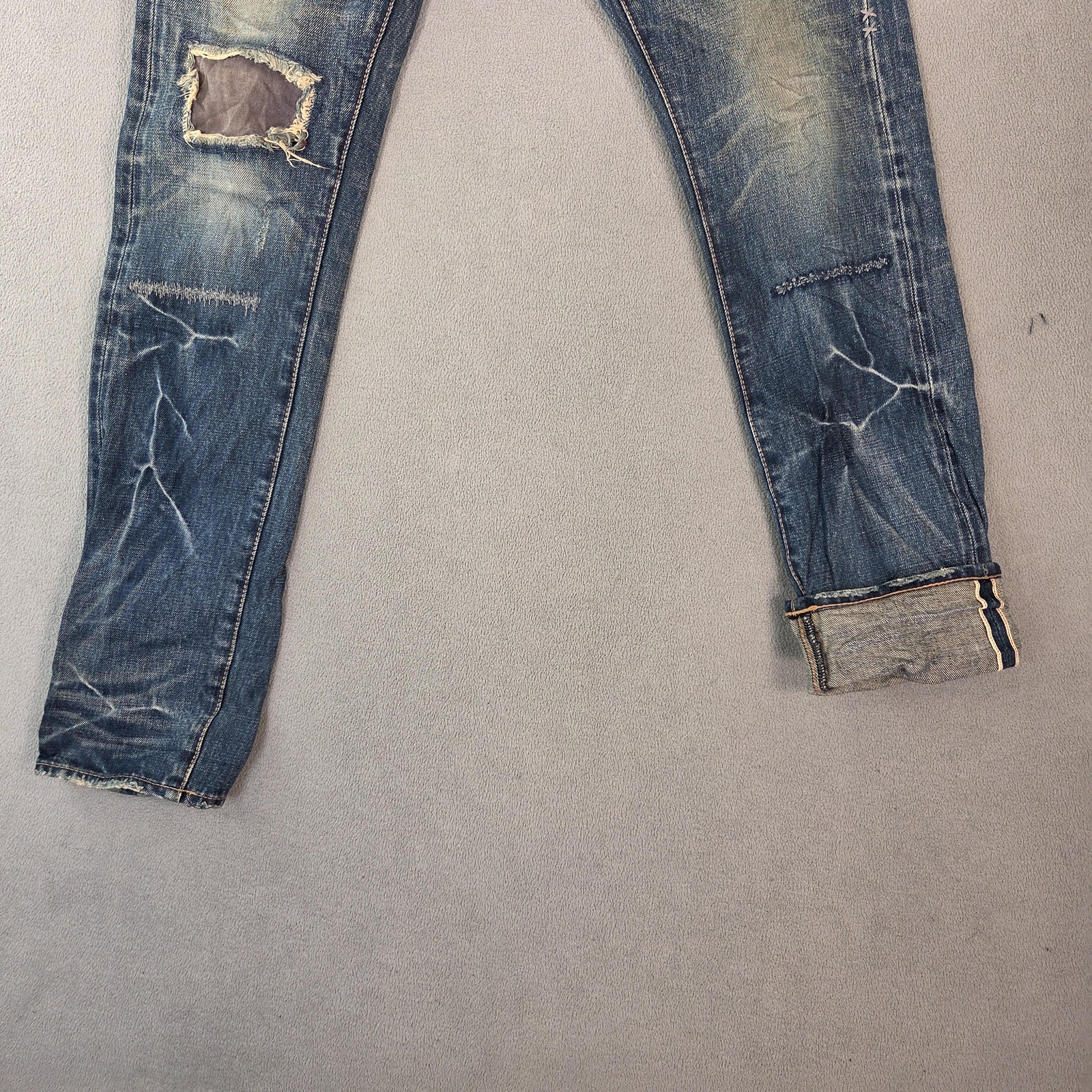 Selvedge Jeans Mens Thrashed Slim Straight Whiskers Patchwork Fits 26×30
