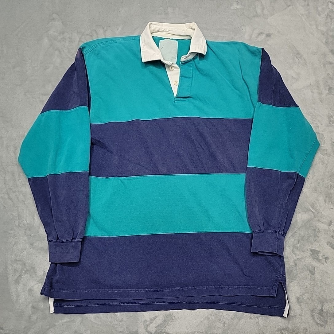 VTG Landsend Shirt Mens Large Blue Green Rugby Button Down Preppy Block Stripe