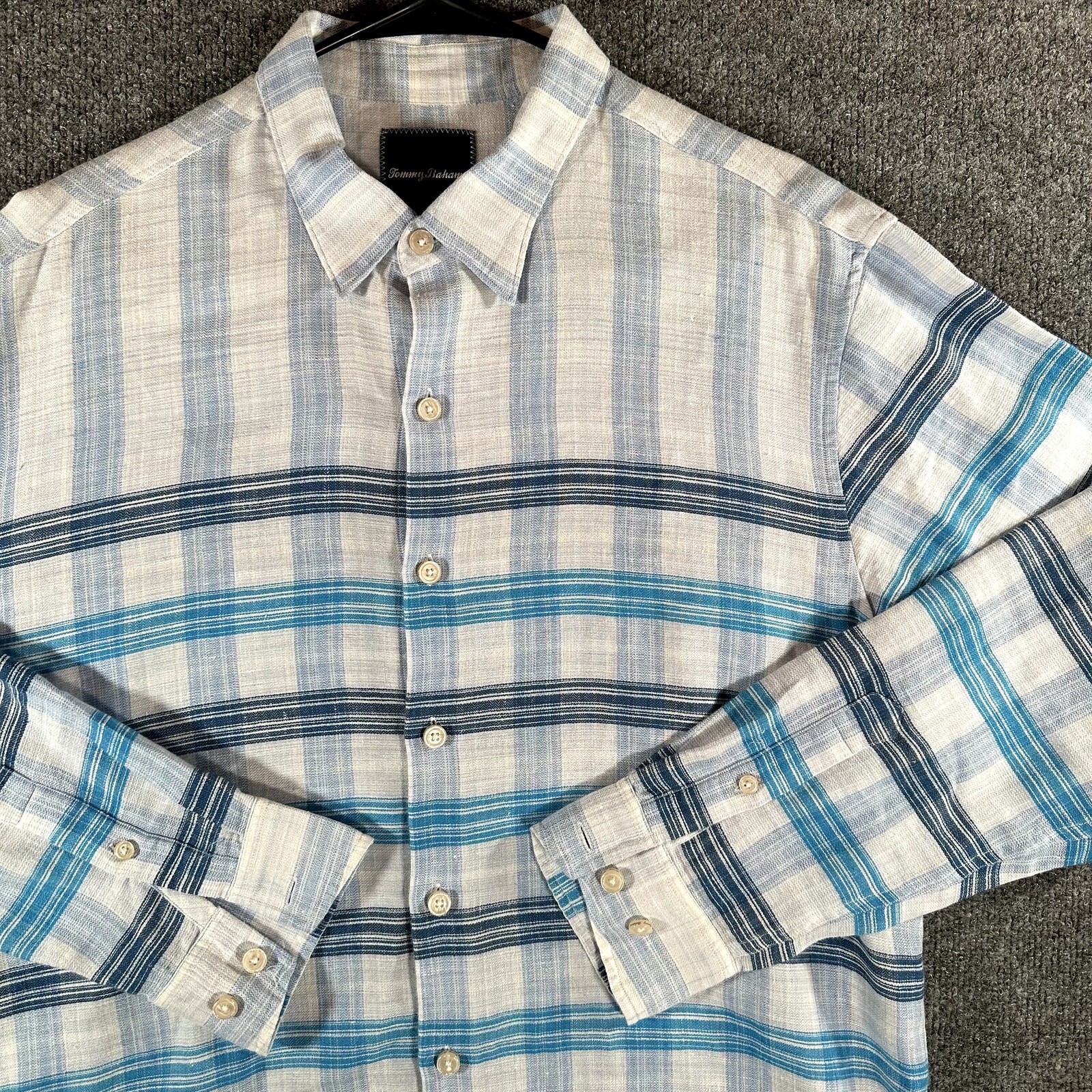 Tommy Bahama Linen Sorona Button Up Shirt Men’s L Blue Stripe Long Sleeve