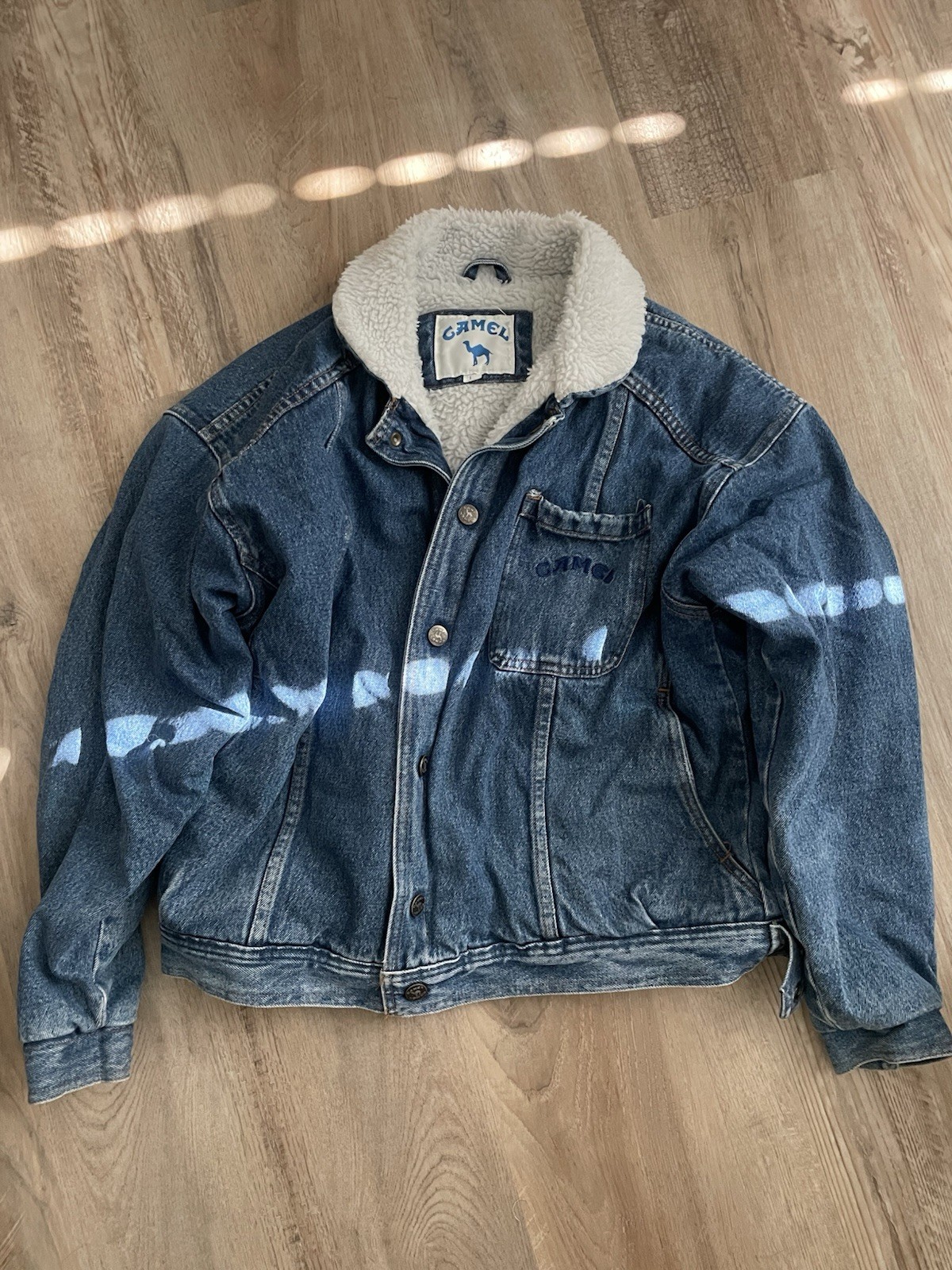 Camel Men’s Blue/White Sherpa Lined Button Front Jacket Spread Collar