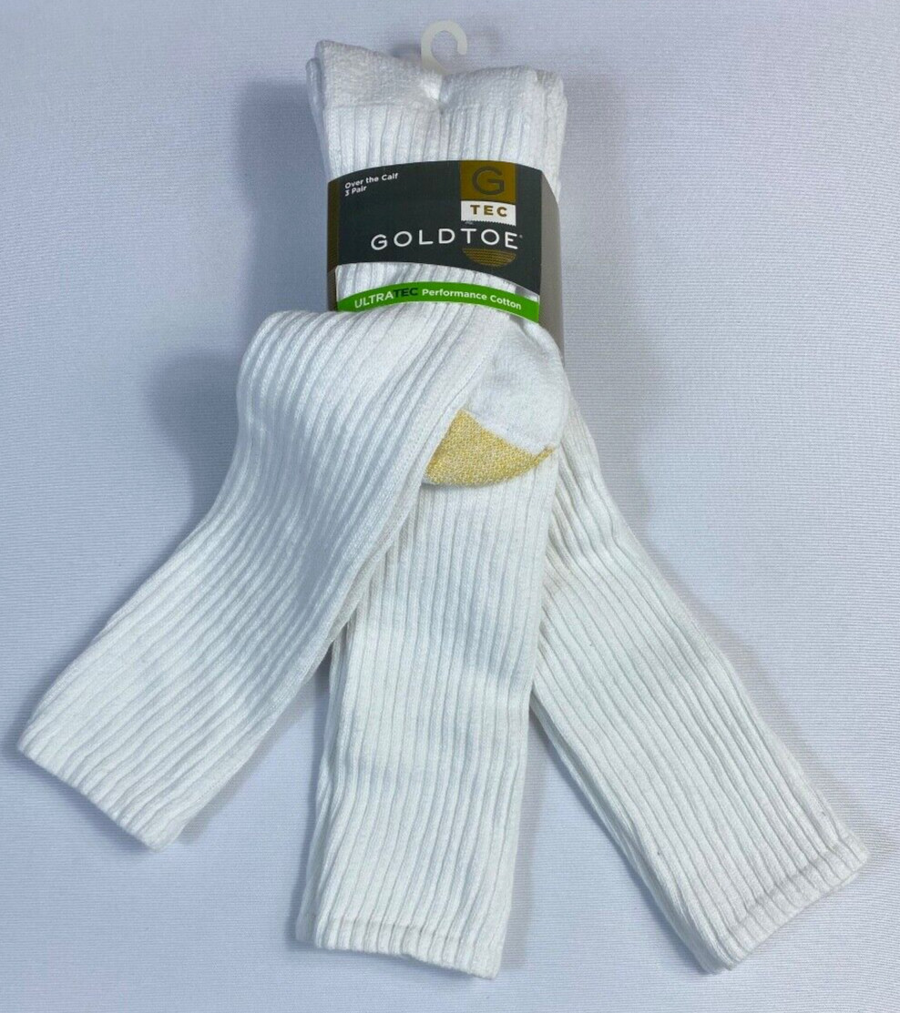 Men’s Gold Toe Cotton Over the Calf Tube Socks 3 Pair White Shoe Size 6-12