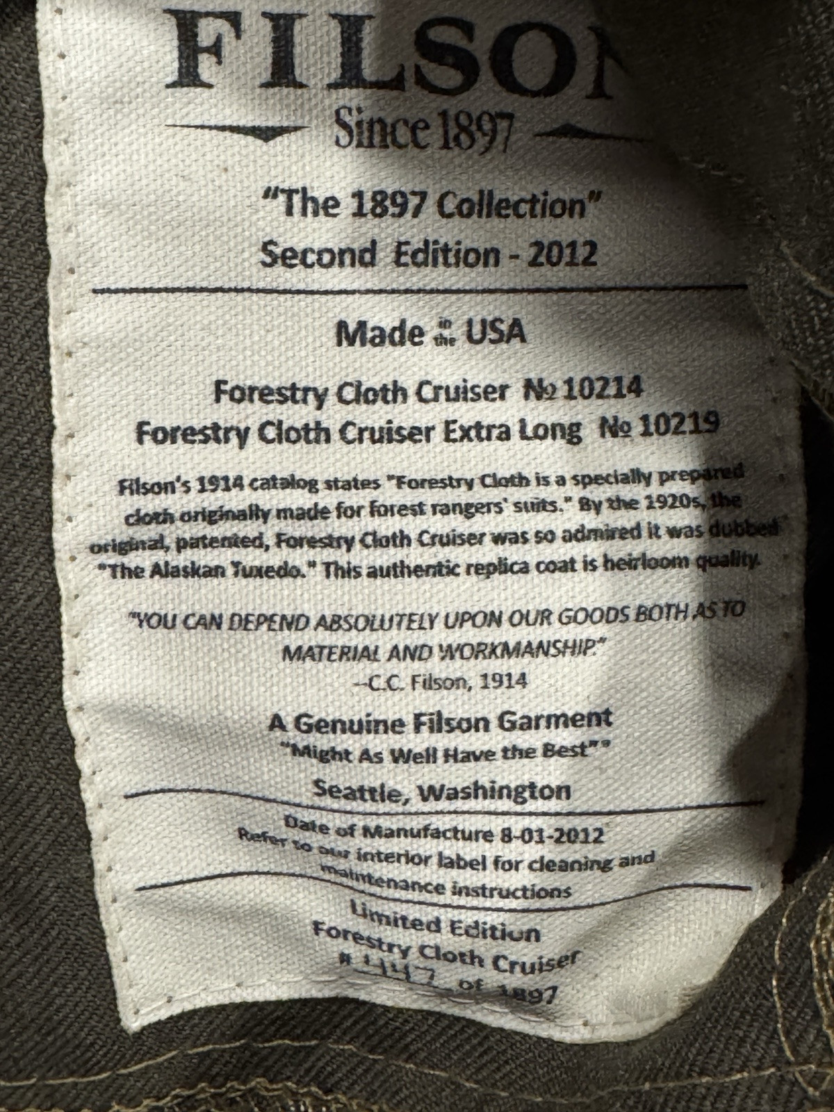 Filson Forestry Cloth Cruiser – Limited Numbered 1897 Edition – USA – 40