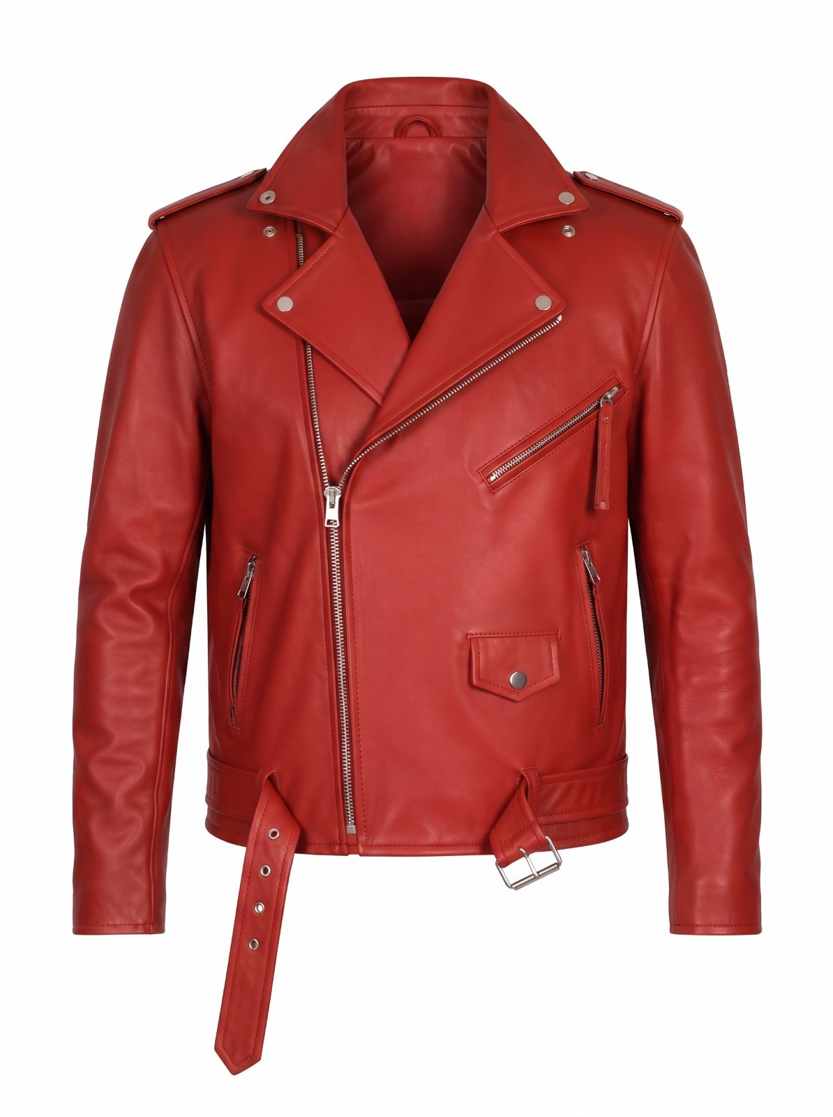 Men Red Genuine Lambskin Leather Biker Jacket Motorcycle Moto Zip Belted Jacket