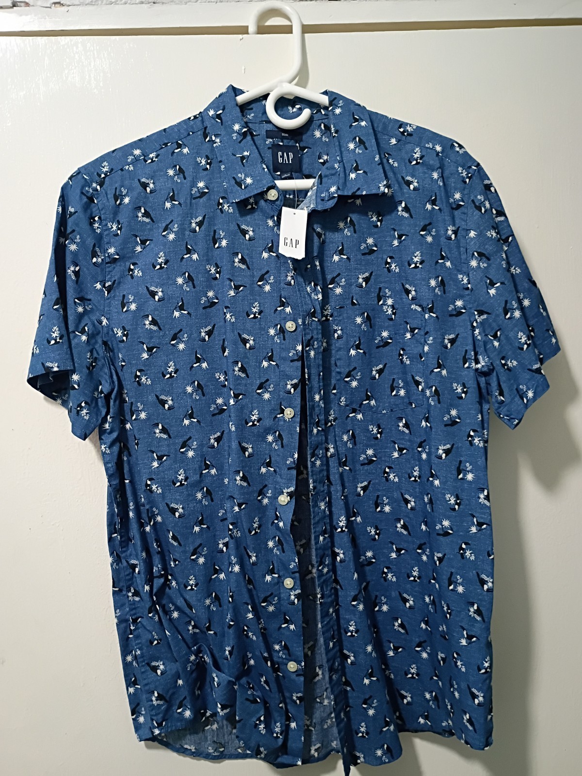 GAP Toucan Shirt Blue Short Sleeve Slim Mens Large