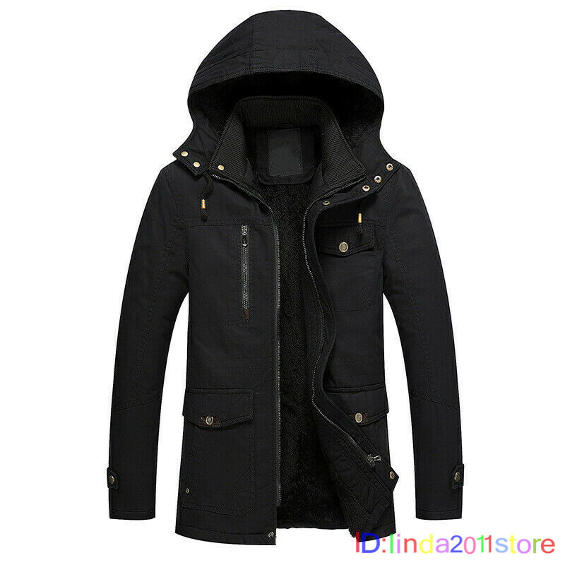 Mens Thick Winter Jacket Wool Lined Warm Hooded Coat Outdoor Military UK Size