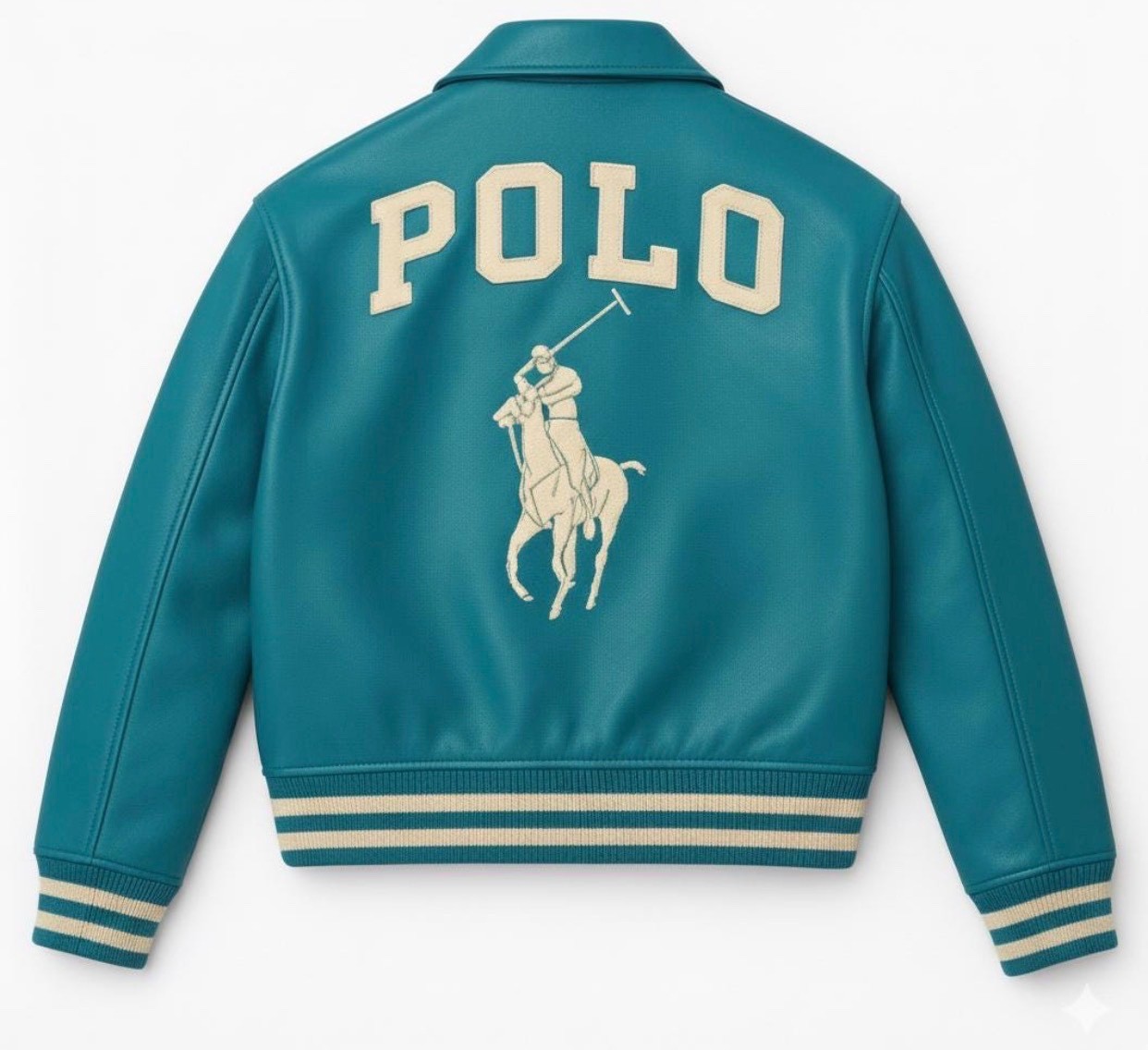 Polo Ralph Lauren Blue Leather Bomber Varsity Jacket Men’s Classic Pony Coat.