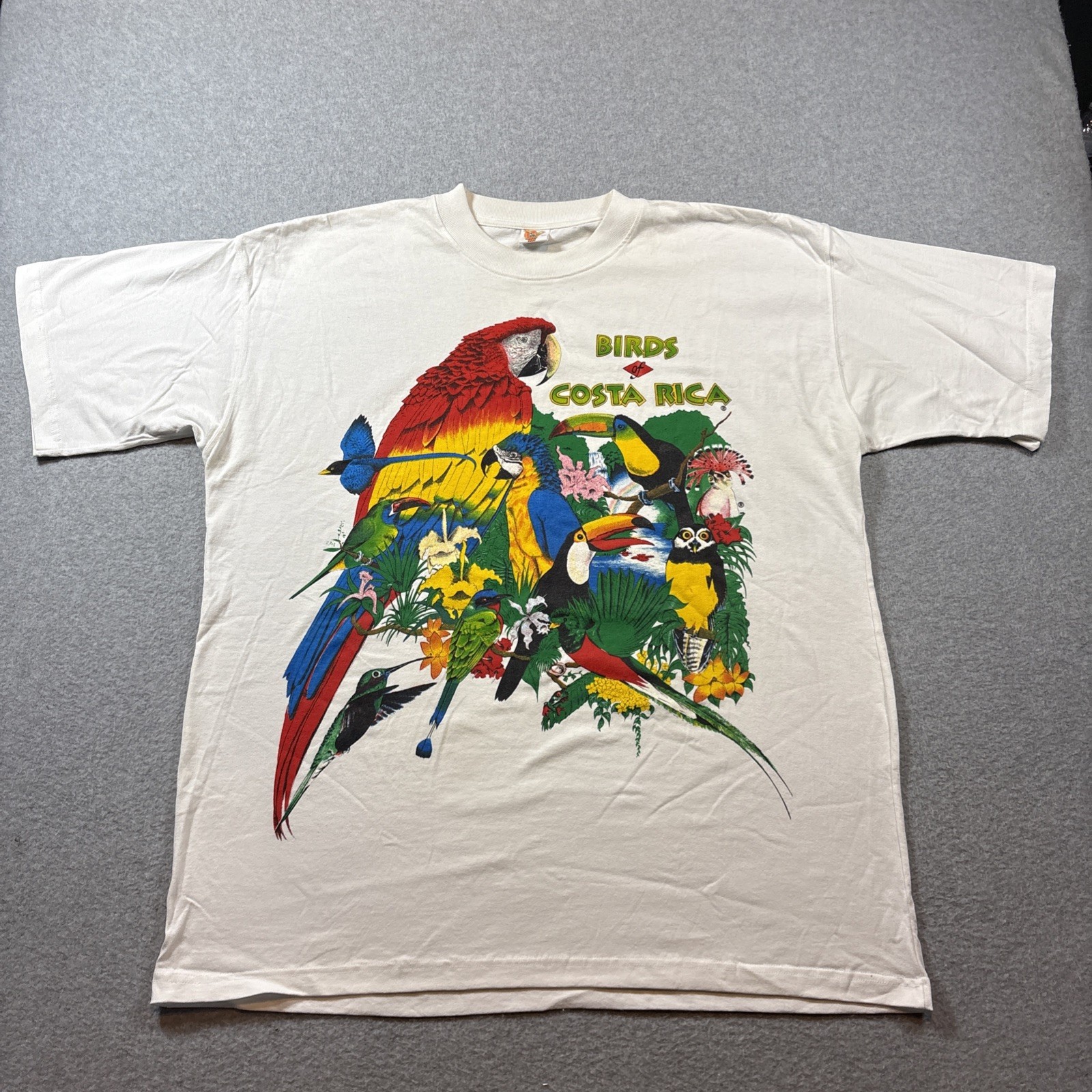 Costa Rica Vintage Souvenir Tee T-Shirt Parrot Birds Colorful Graphic White 2XL