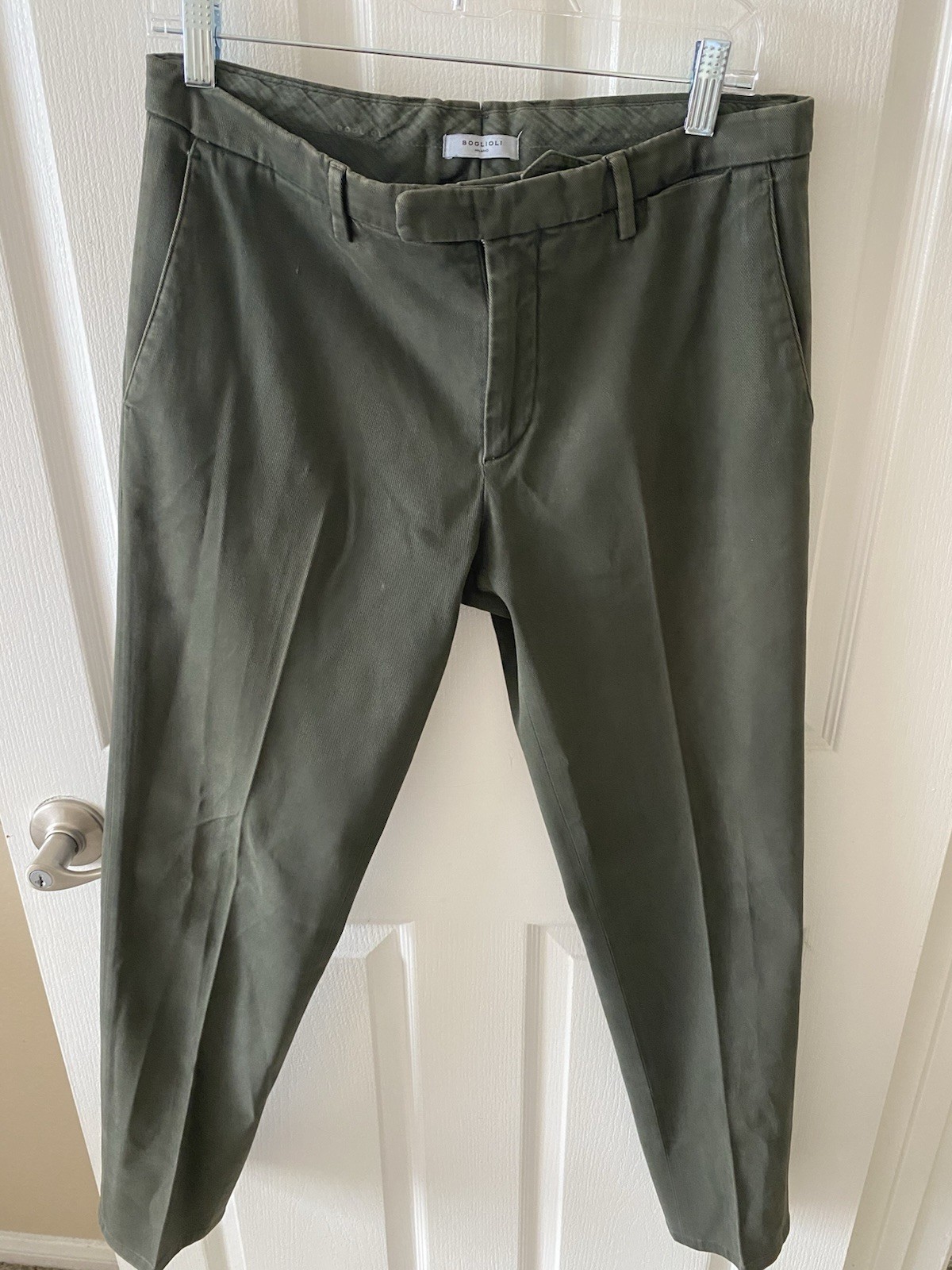 Boglioli Men’s Solid Green Cotton Twill Chino Slim Tapered Flat Front 46