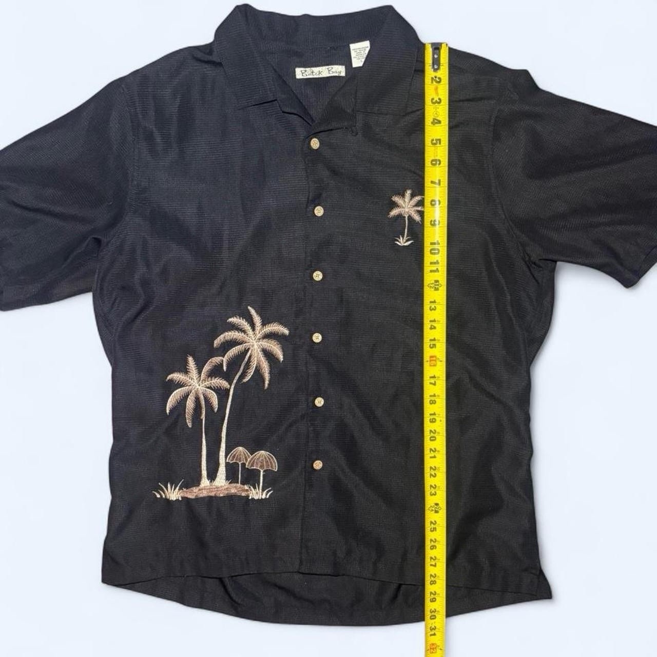 Vintage 90s Hawaiian Shirt Mens Size L Black Embroidered Palm Tree Batik Bay