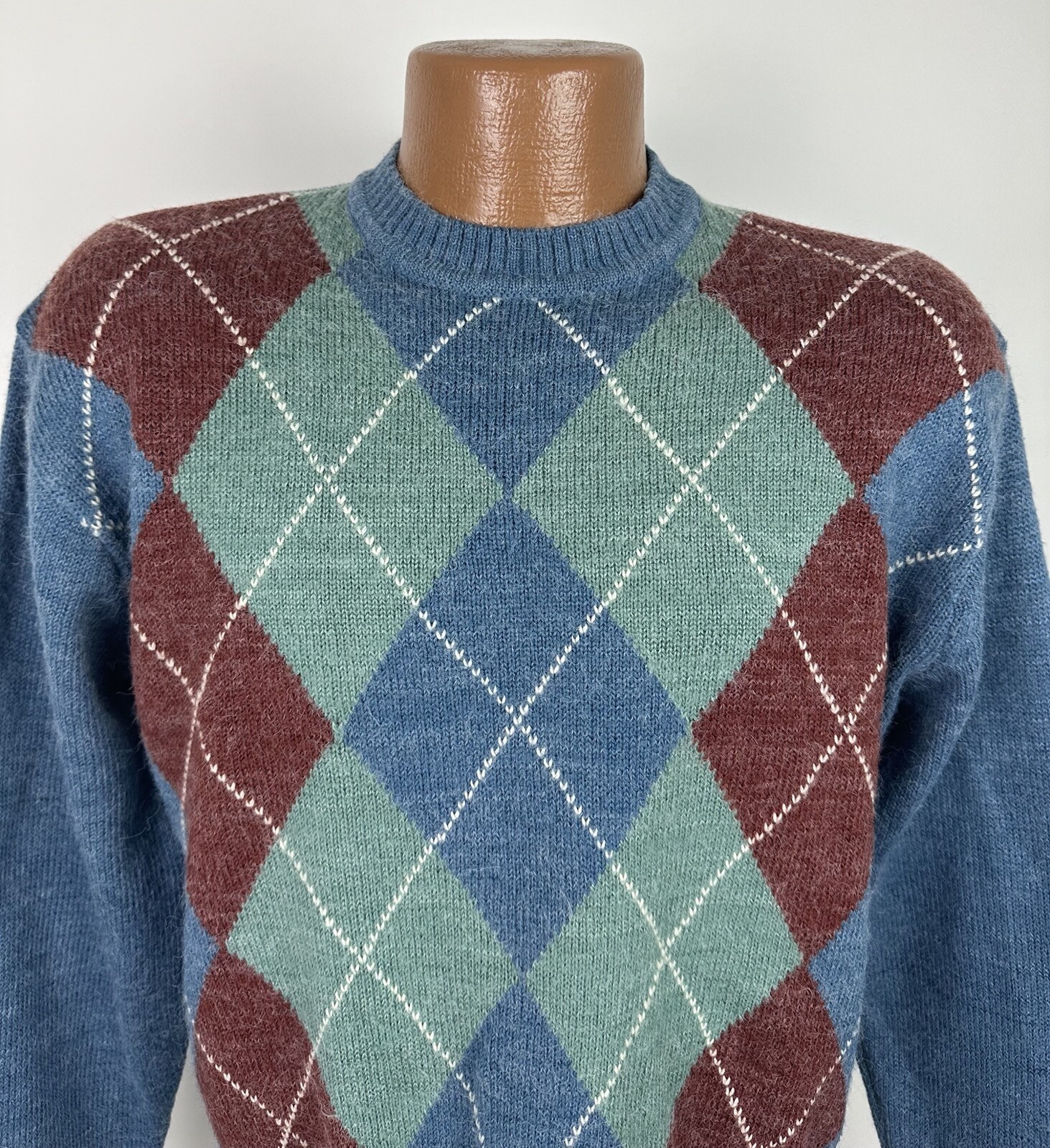 Vintage Golf Sweater Mens Large 80s Fuzzy Knit Argyle Dusty Blue Green Grandpa