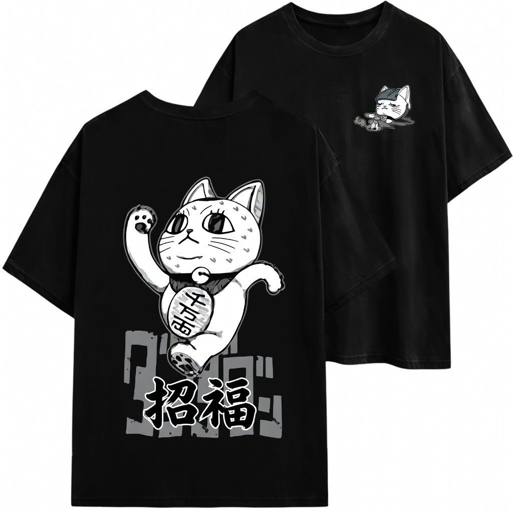 Maneki Neko Lucky Cat Japanese Anime Double Sided Graphic T-Shirt