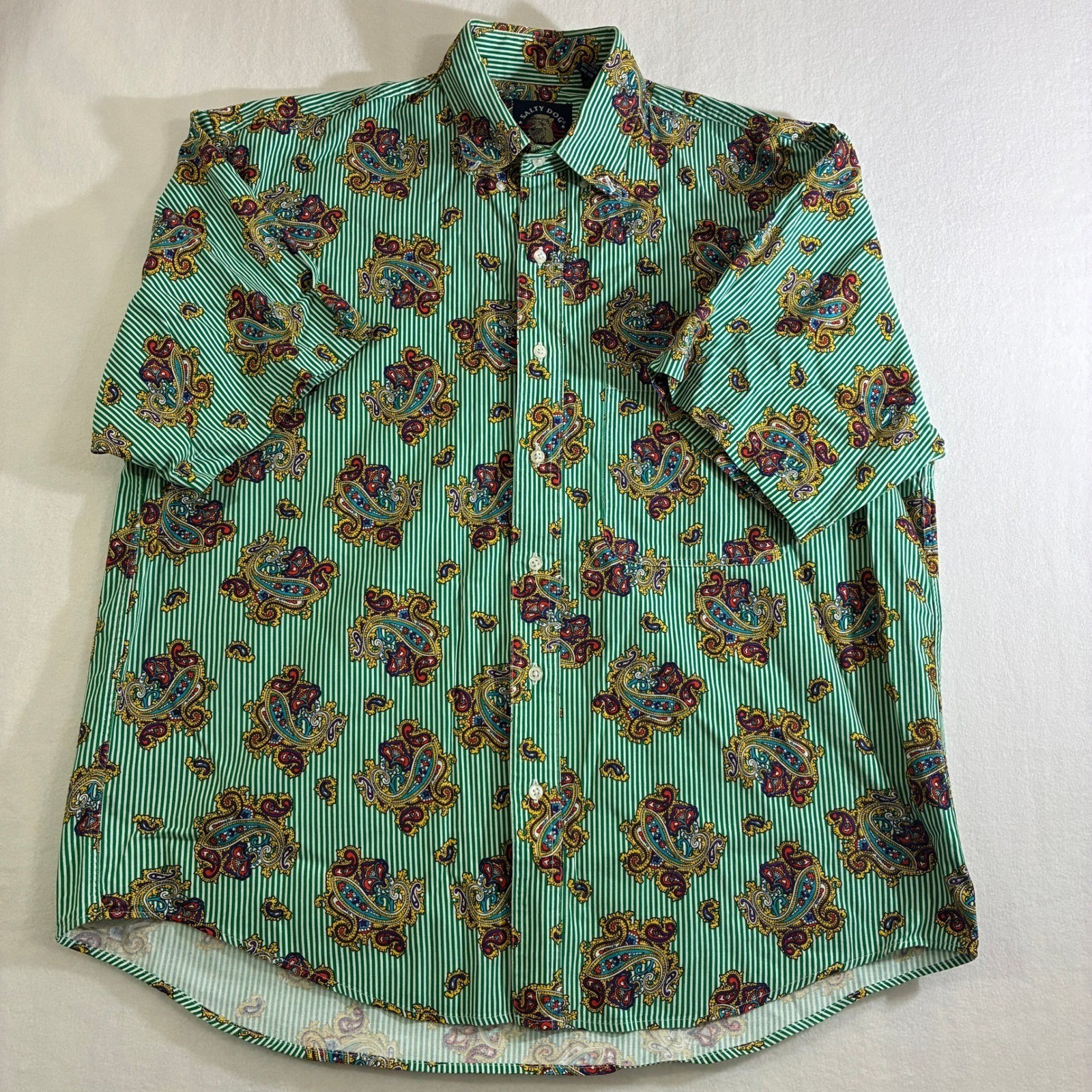 Salty Dog Mens Button Front Shirt Large Green Paisley Stripe Short Sleeve Cotton