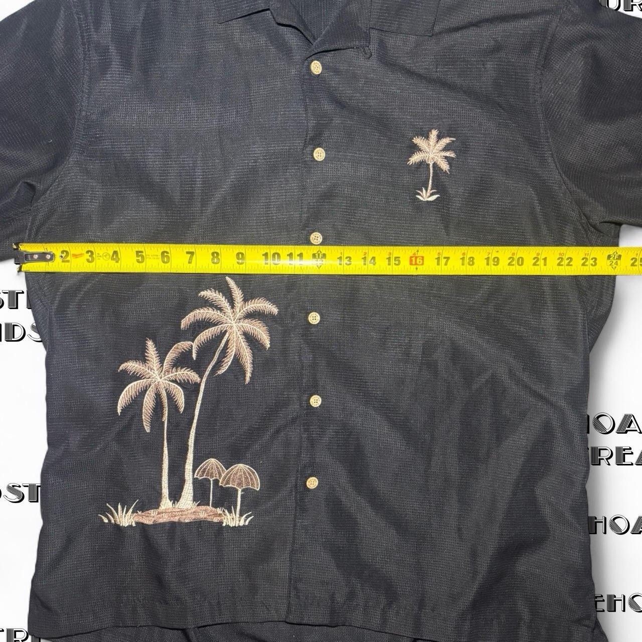 Vintage 90s Hawaiian Shirt Mens Size L Black Embroidered Palm Tree Batik Bay