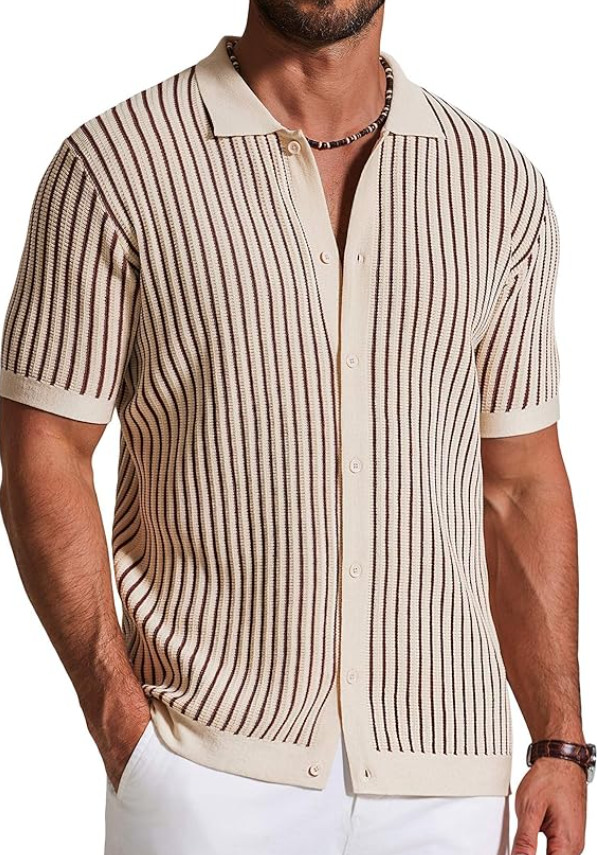 Mens Knit Button Down Shirts Short Sleeve Polo Shirt Vintage Striped Casual