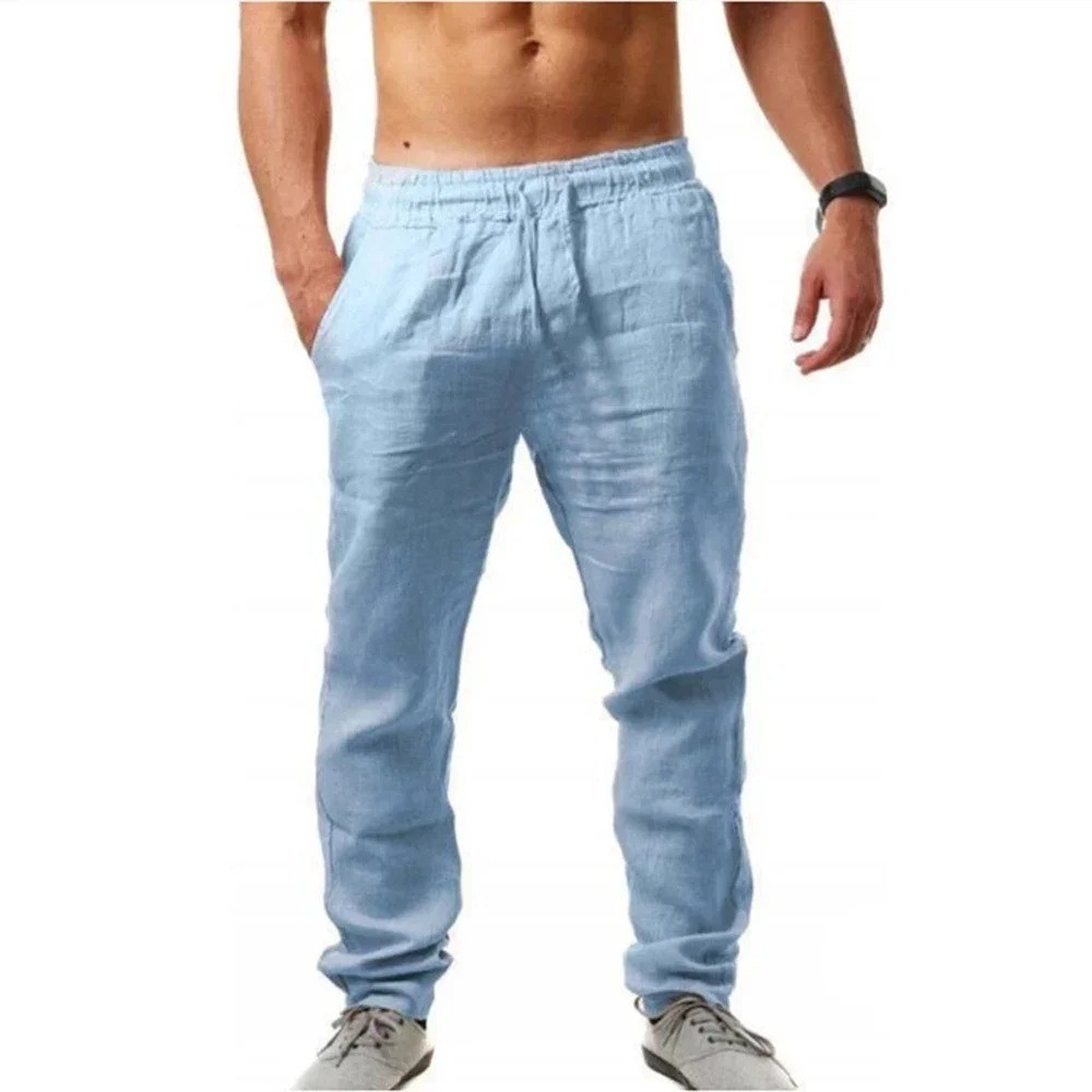 Men’s Cotton Linen Pants Breathable Casual Trousers Elastic Fit Summer Gym Gift