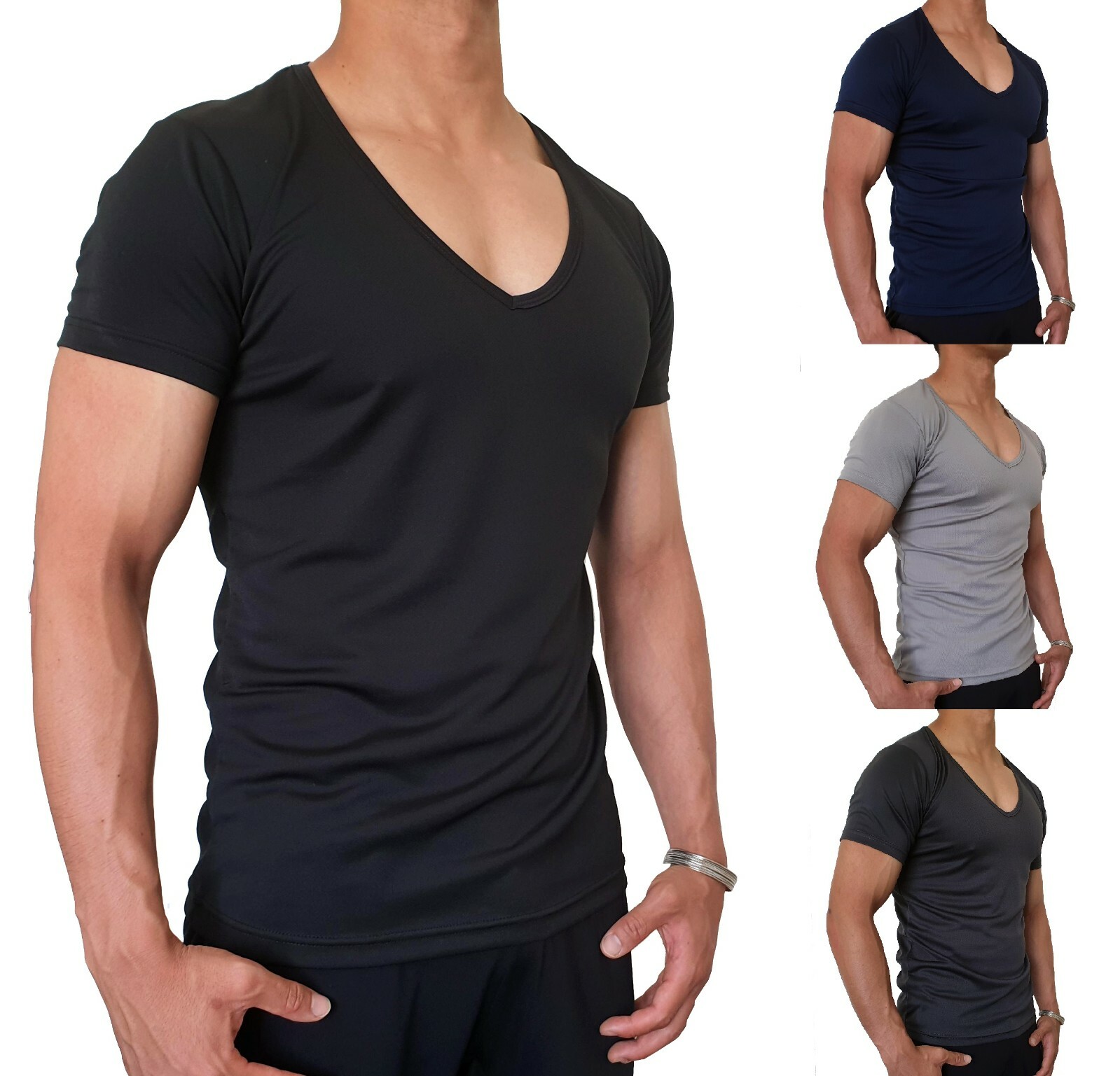 MENS DEEP V NECK T SHIRT QUICK DRY POLYESTER SLIM FIT S – XXL EURO CASUAL MUSCLE
