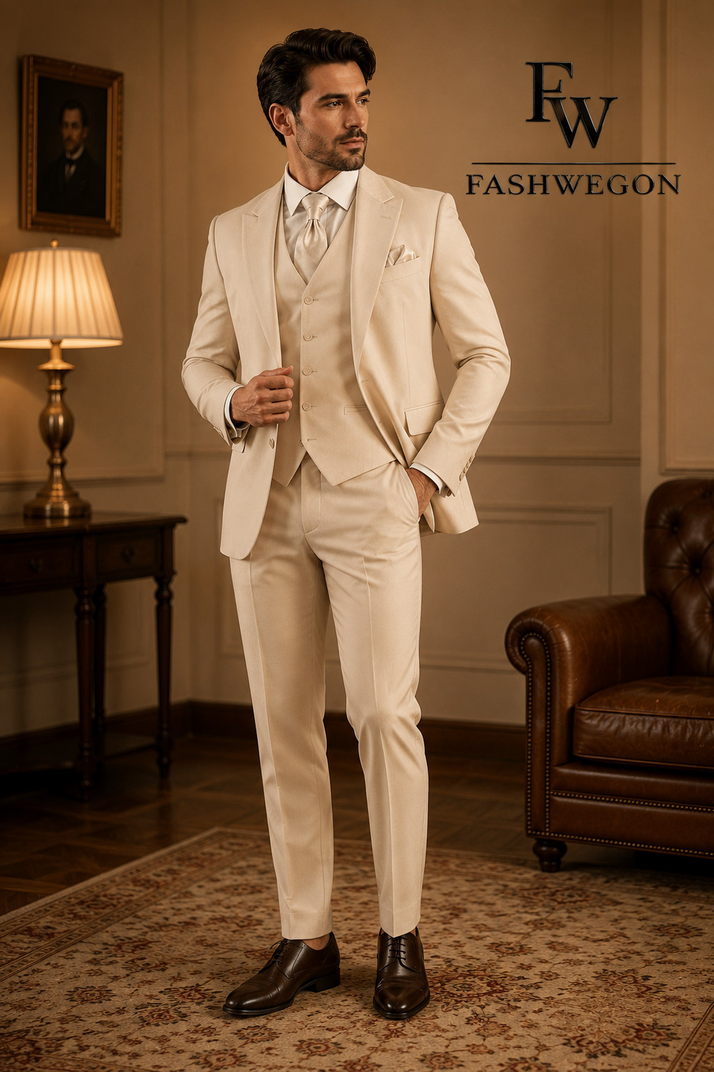 FASHWEGON Luxury Men’s Cream Slim Fit 3 Piece Suit for Wedding, Prom & Business