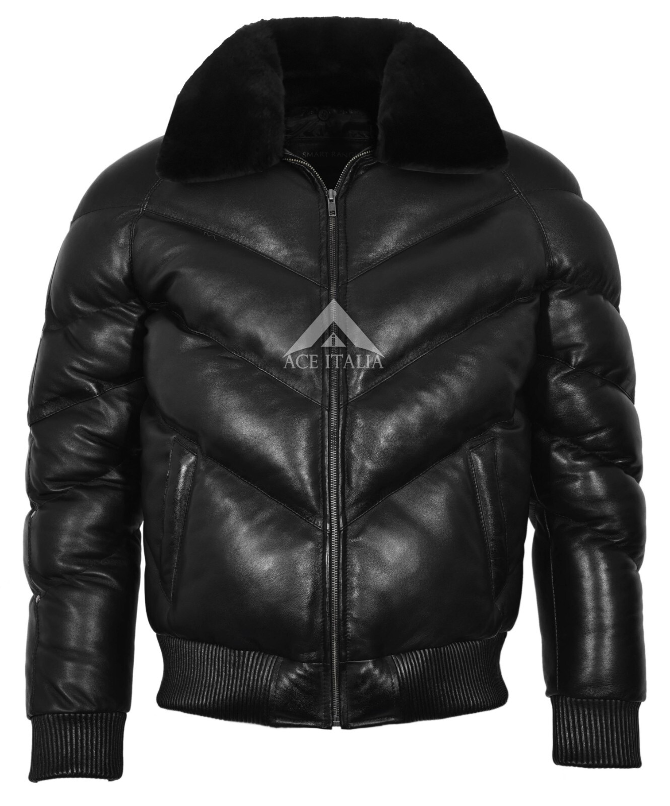 Men’s Ace Puffer Leather Jacket Black Sheepskin Soft Collar WARM Bomber Jacket