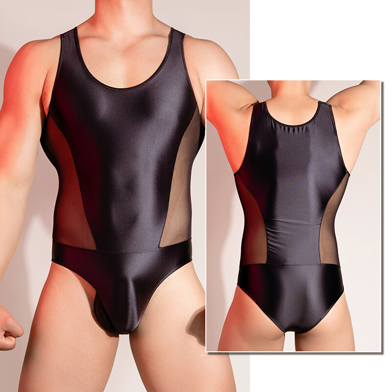 Men Bodysuit Oil Shiny Glossy Sheer Elastic Muscles Lingerie Underwear Nightclub