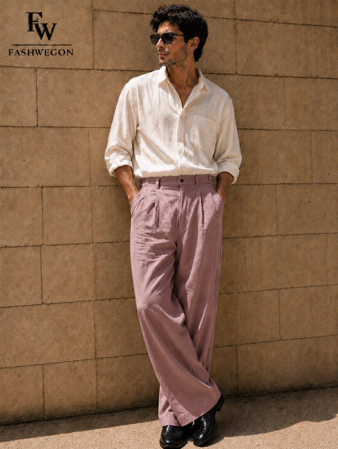 FASHWEGON Men’s Linen Blend High-Waisted Pleated Wide Leg Trousers – Dusty Rose