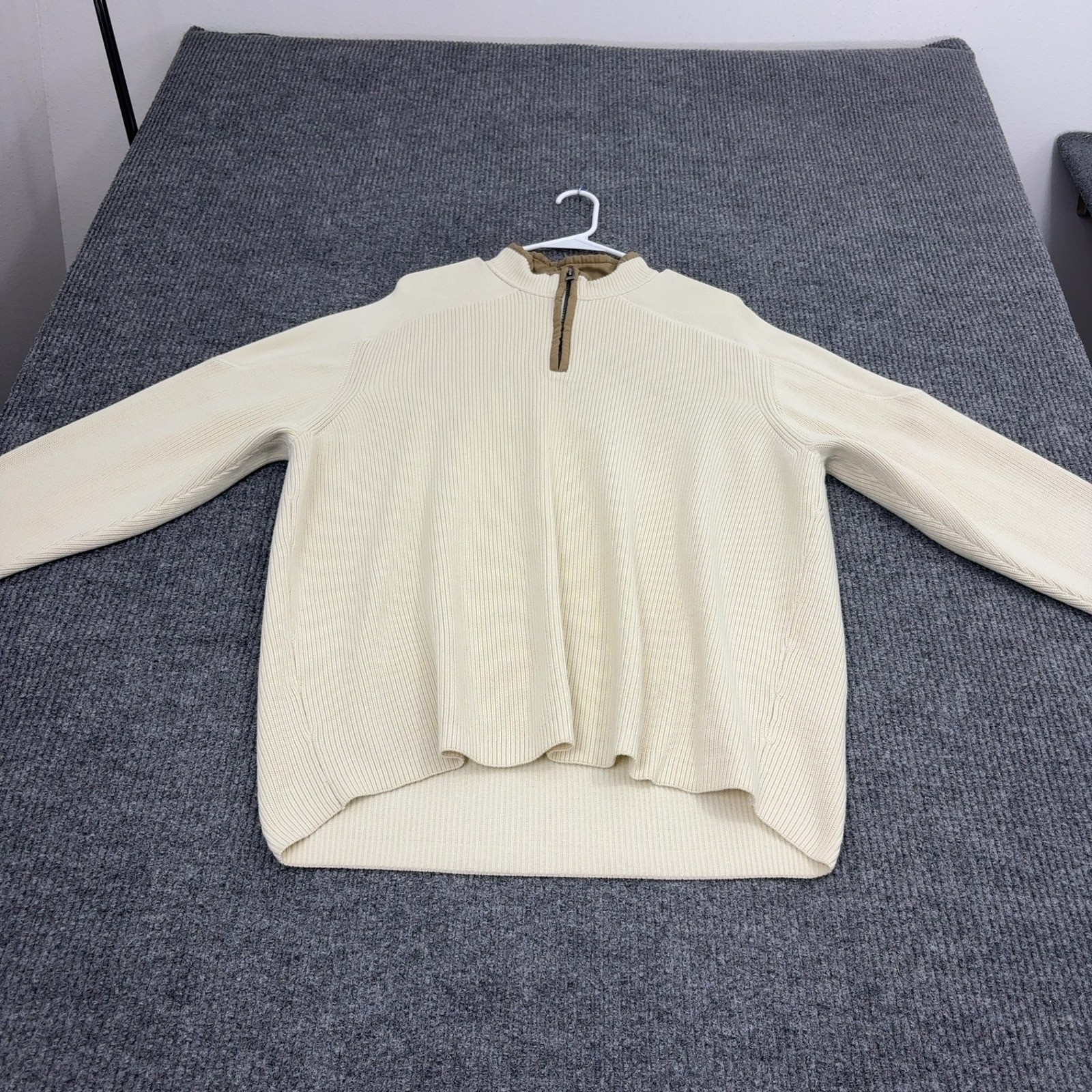 Orvis Sweater Mens XL Cream Cotton Quarter Zip Mock Neck Classic Preppy