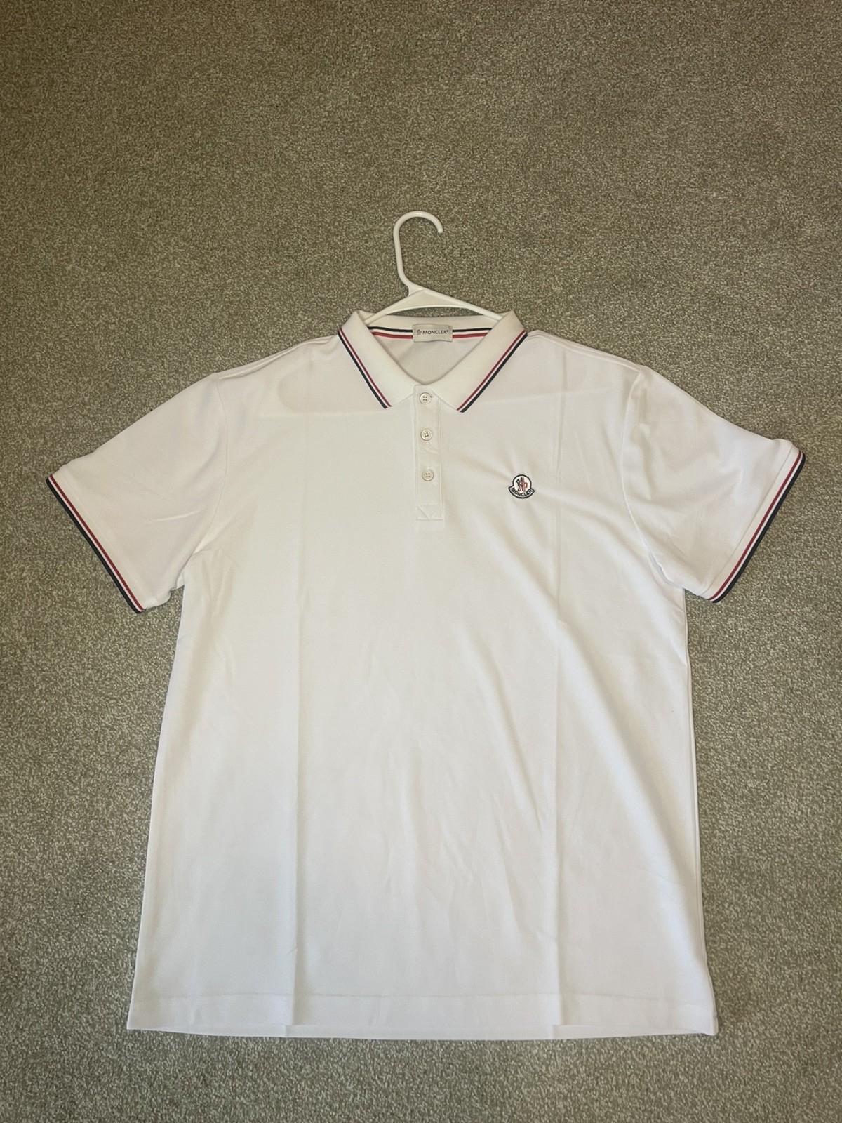 Moncler Men’s White Cotton Polo Shirt Size M Short Sleeve Logo Button Collar