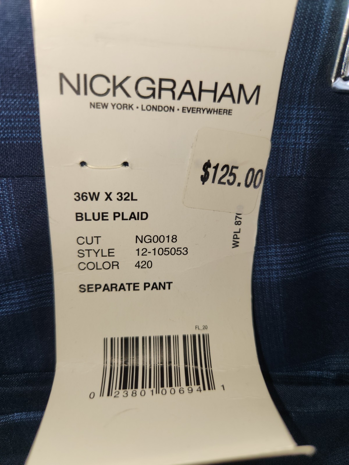 NWT Nick Graham Men’s 36×32 Stretch Modern Fit New York Pant Blue Plaid Trousers