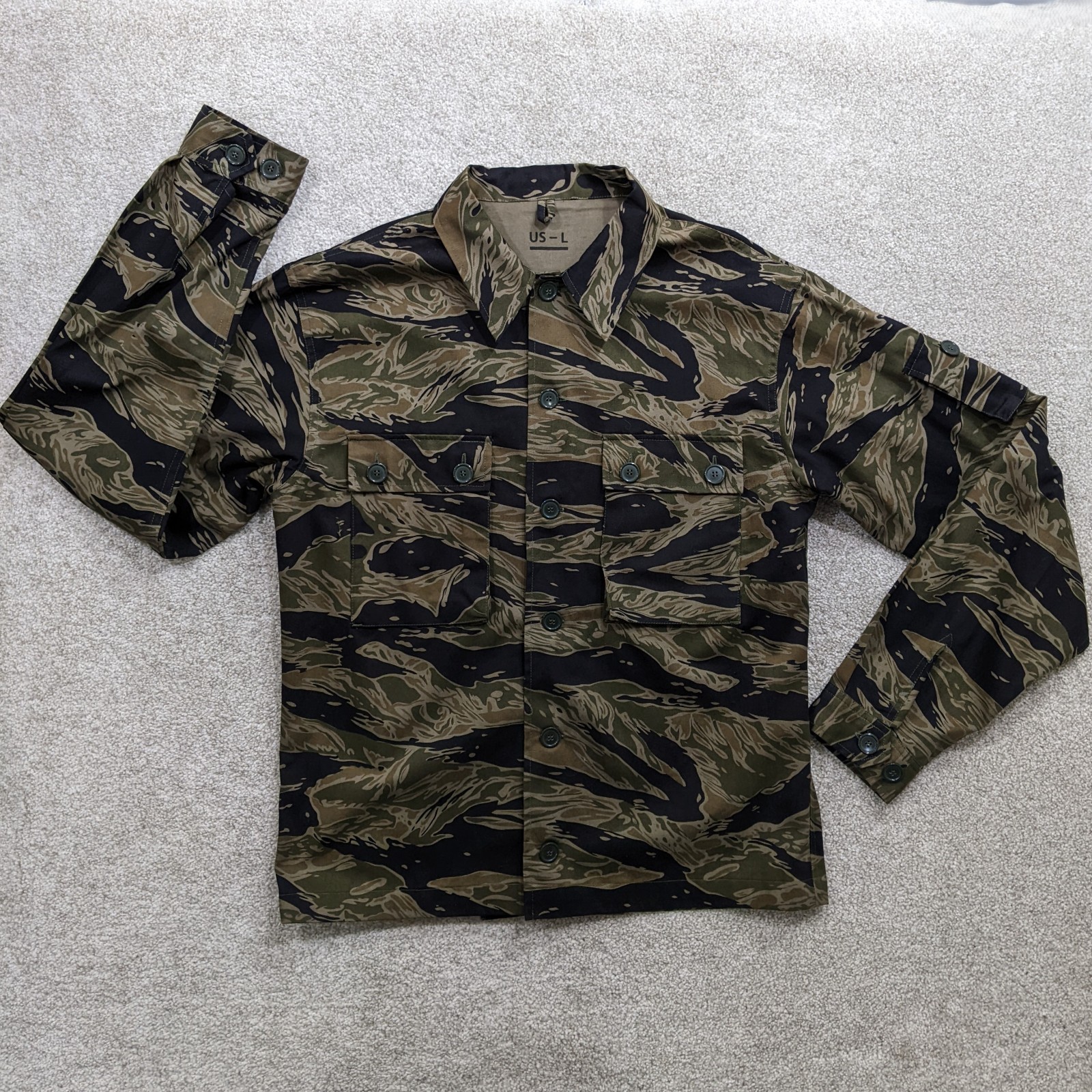 Mens Tiger Stripe Camo Military Overshirt Field Fatigue Jacket US Size L Green