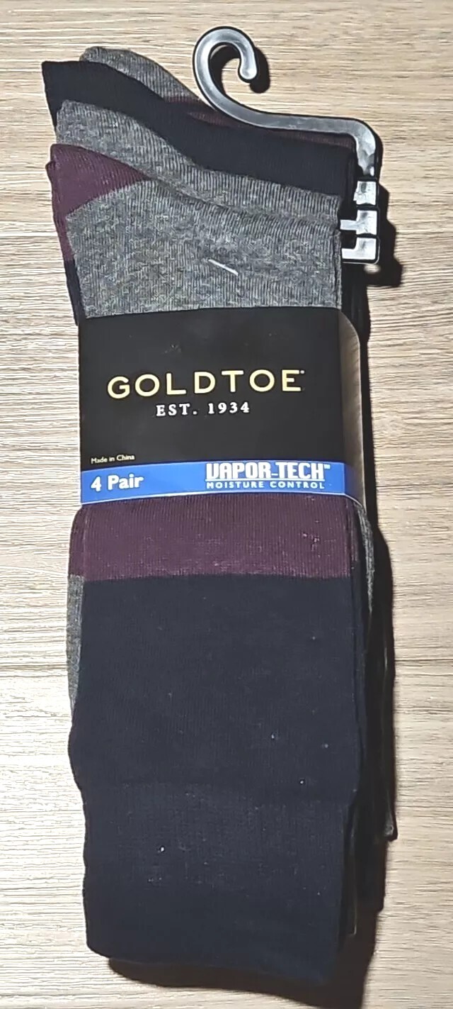 4 Pair Gold Toe Men’s Vapor-Tech Color Block Crew Dress Socks Blue Gray 6-12.5
