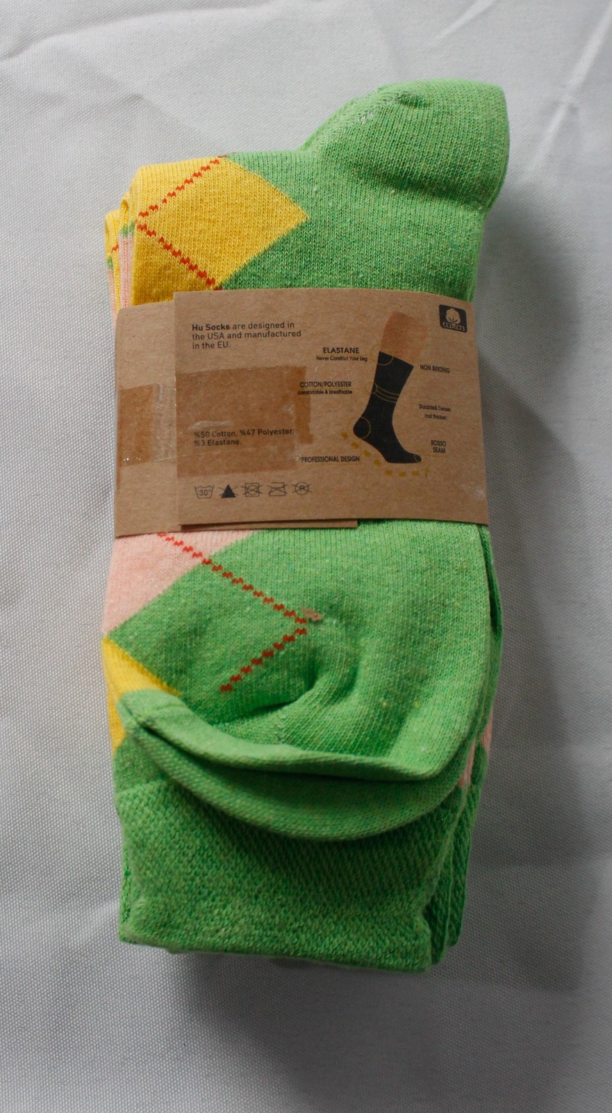 Hugh Ugoli Unisex Colorful Cotton Dress Crew Argyle Socks DH3 Green Large NWT