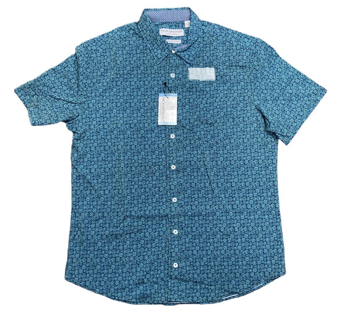 Nick Graham Men’s Performance Stretch Printed Woven Short Sleeve Button Up Shirt