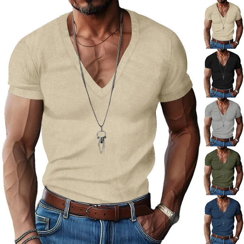 Men’s corduroy European and American summer men’s V-neck solid color slim