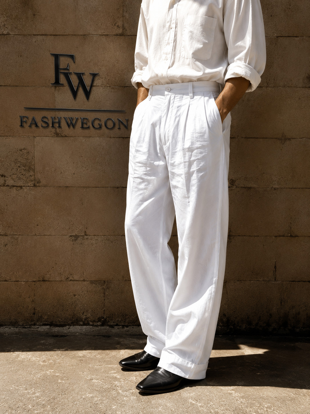 FASHWEGON Men’s White Linen Pleated Pants – Relaxed Fit Lightweight