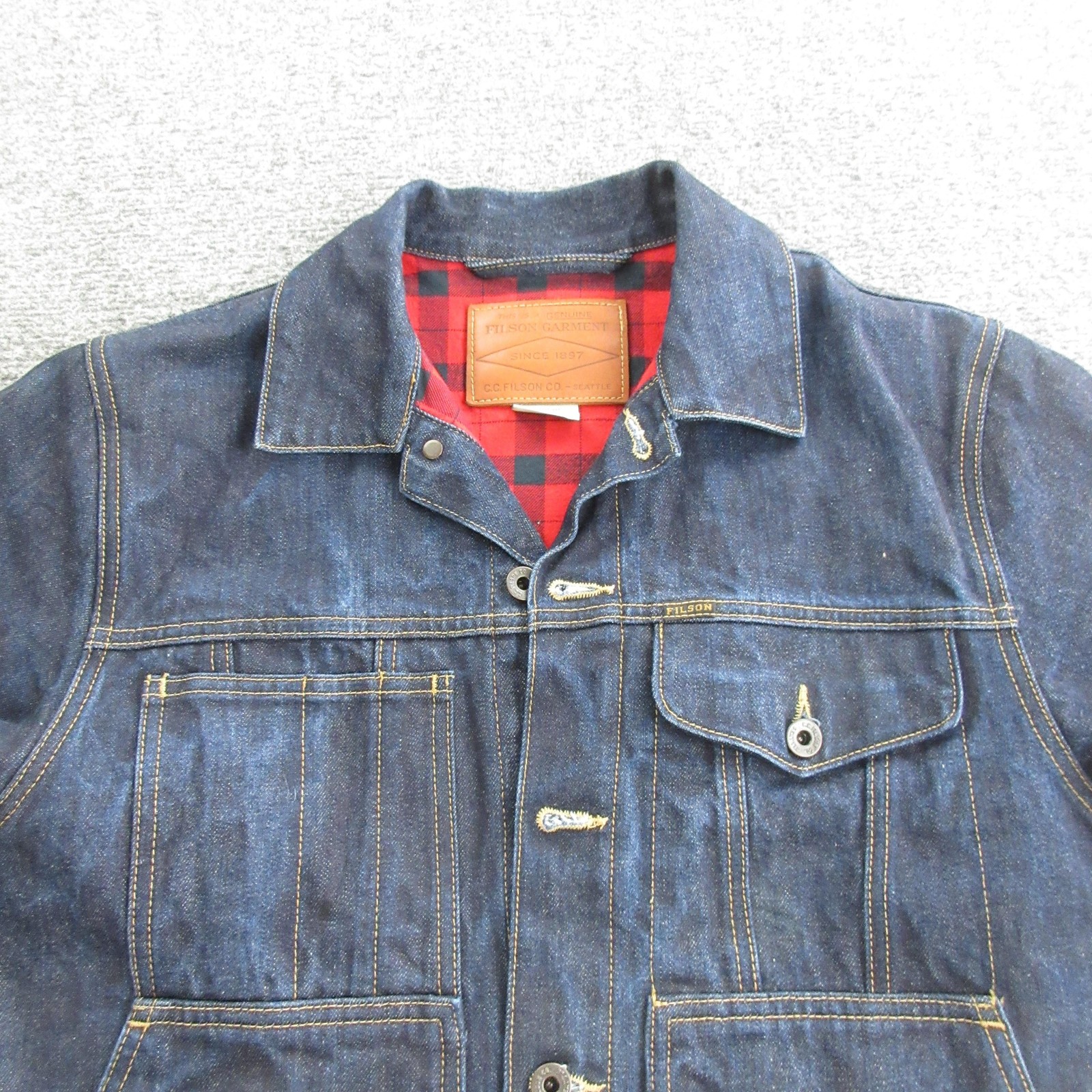 Filson Jacket Mens Small Blue Denim Lined Workwear Buffalo Plaid USA Made
