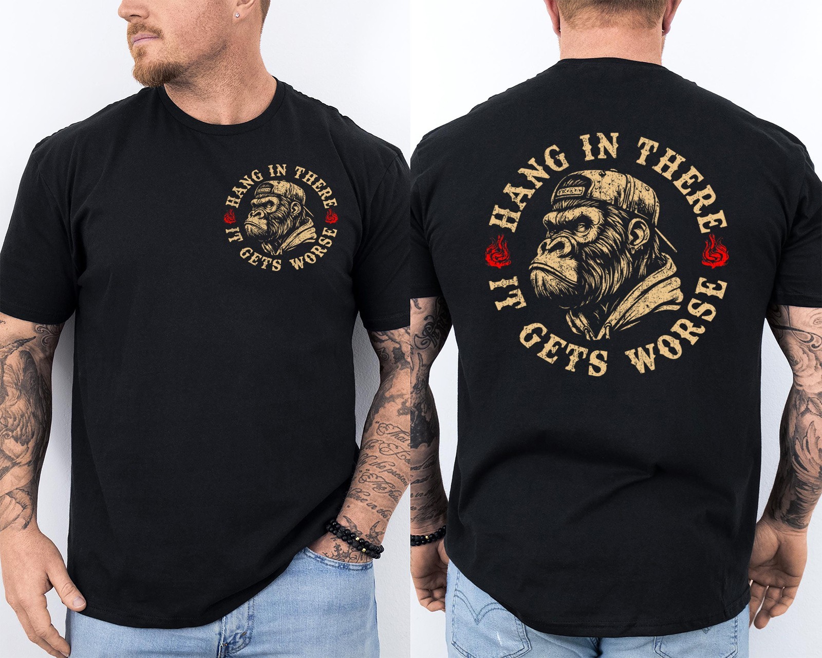 Hang in There It Gets Worse Sarcastic Humor Monkey Funny 2 Sided T-Shirt