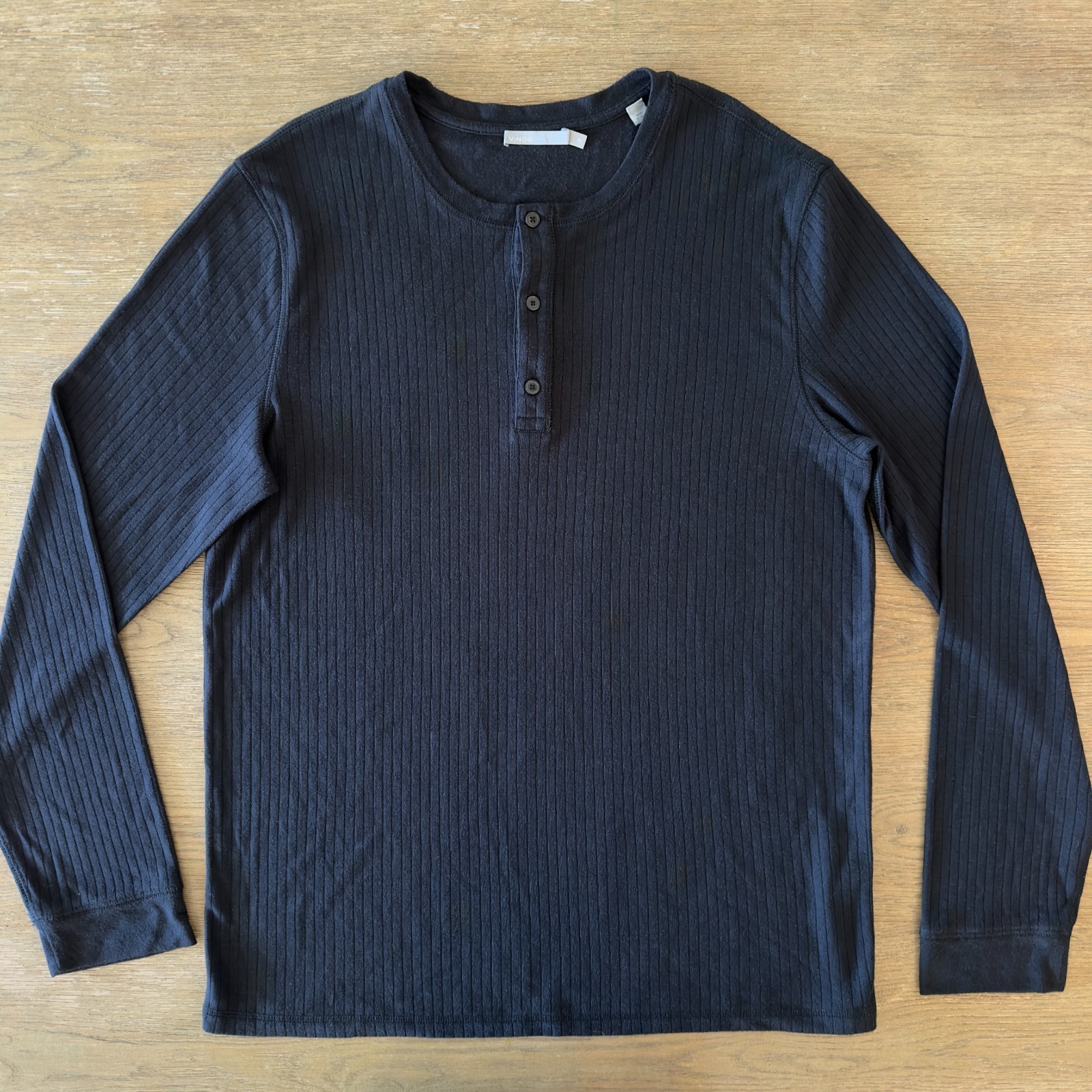 VINCE Men’s Long-Sleeve Ribbed Knit Henley Top-Black-Crewneck Casual Basic-Sz XL