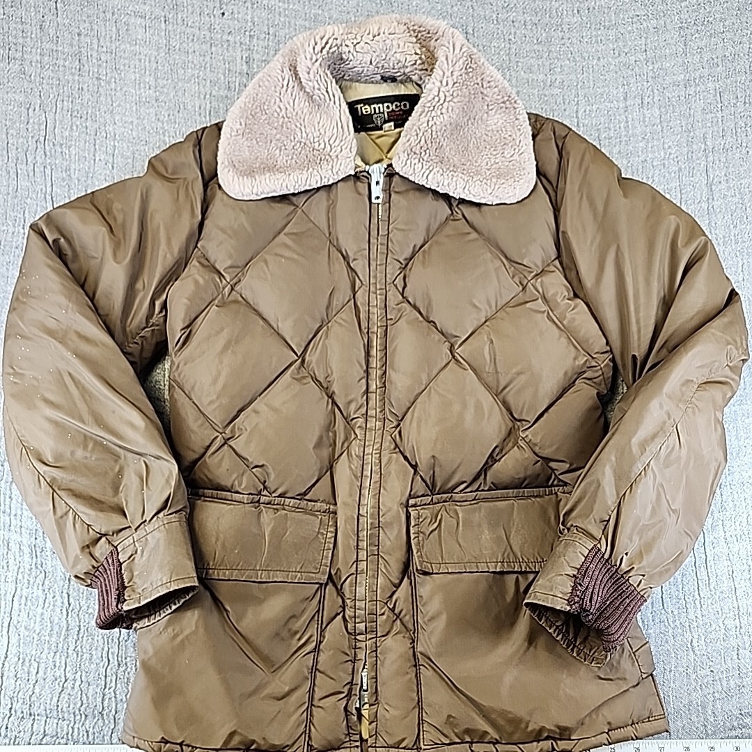 Vintage Tempco Size 40 Goose Down Fill Puffer Quilted Zip Jacket Faux Fur Collar